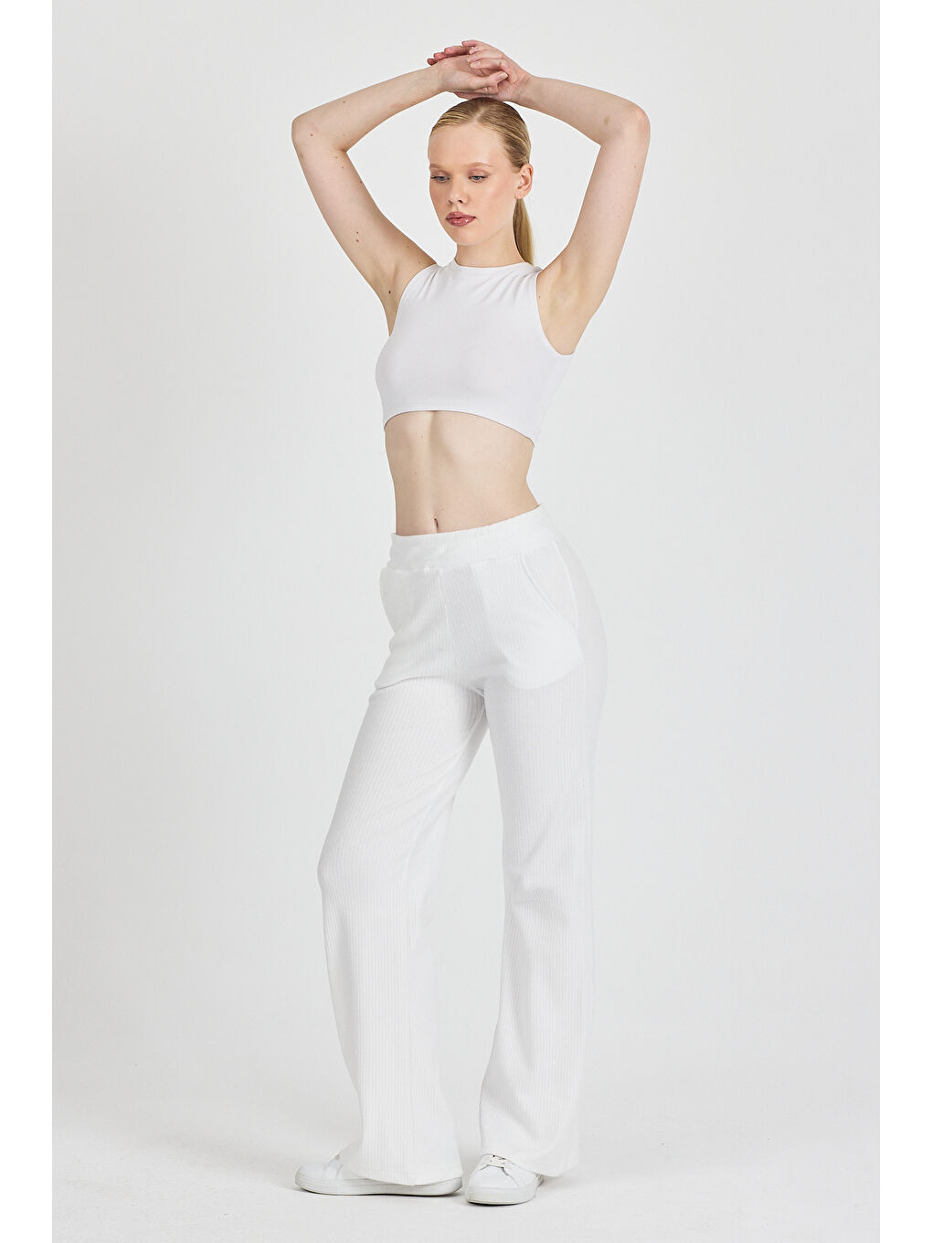 Kadın Ekru Yüksek Bel Bol Paça Kaşkorse Fitilli Cepli Pantolon Eşofman Altı