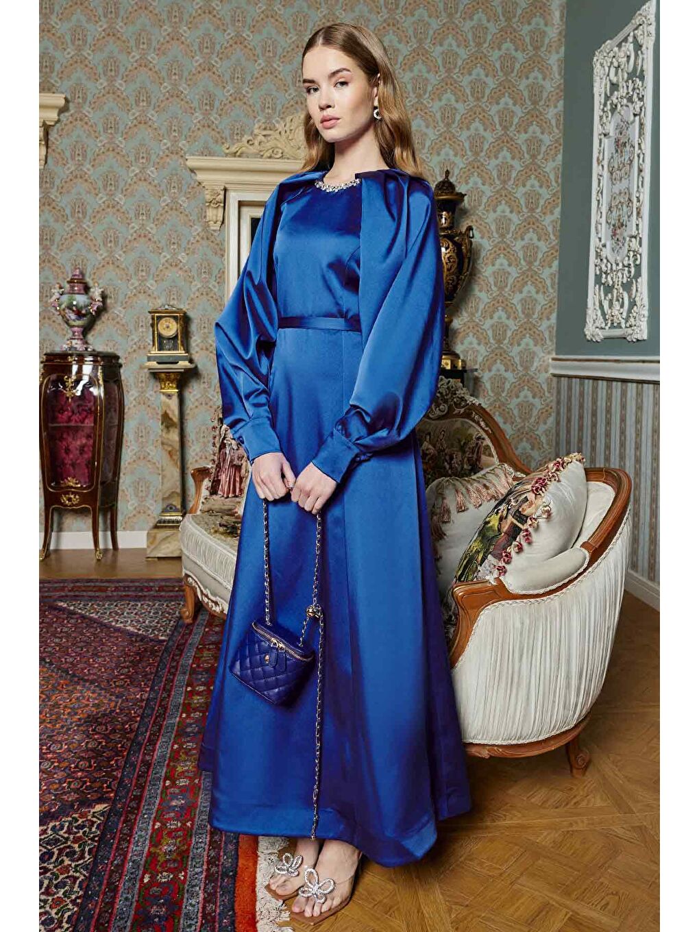 Yakası Taş İşlemeli Elbise - Gece Mavisi-2