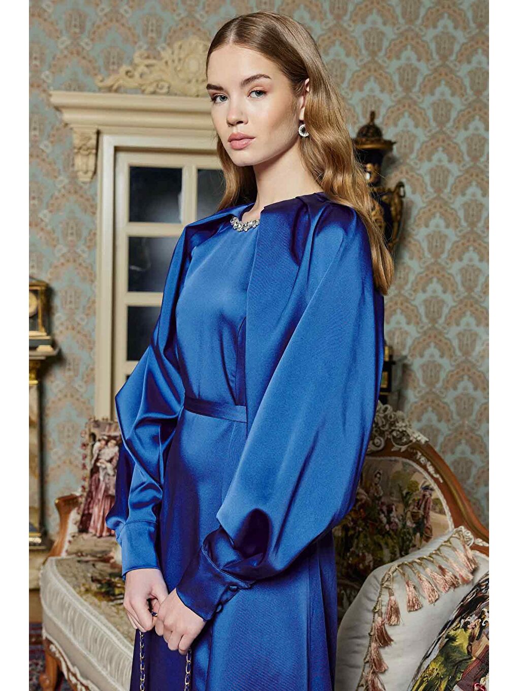 Yakası Taş İşlemeli Elbise - Gece Mavisi-3