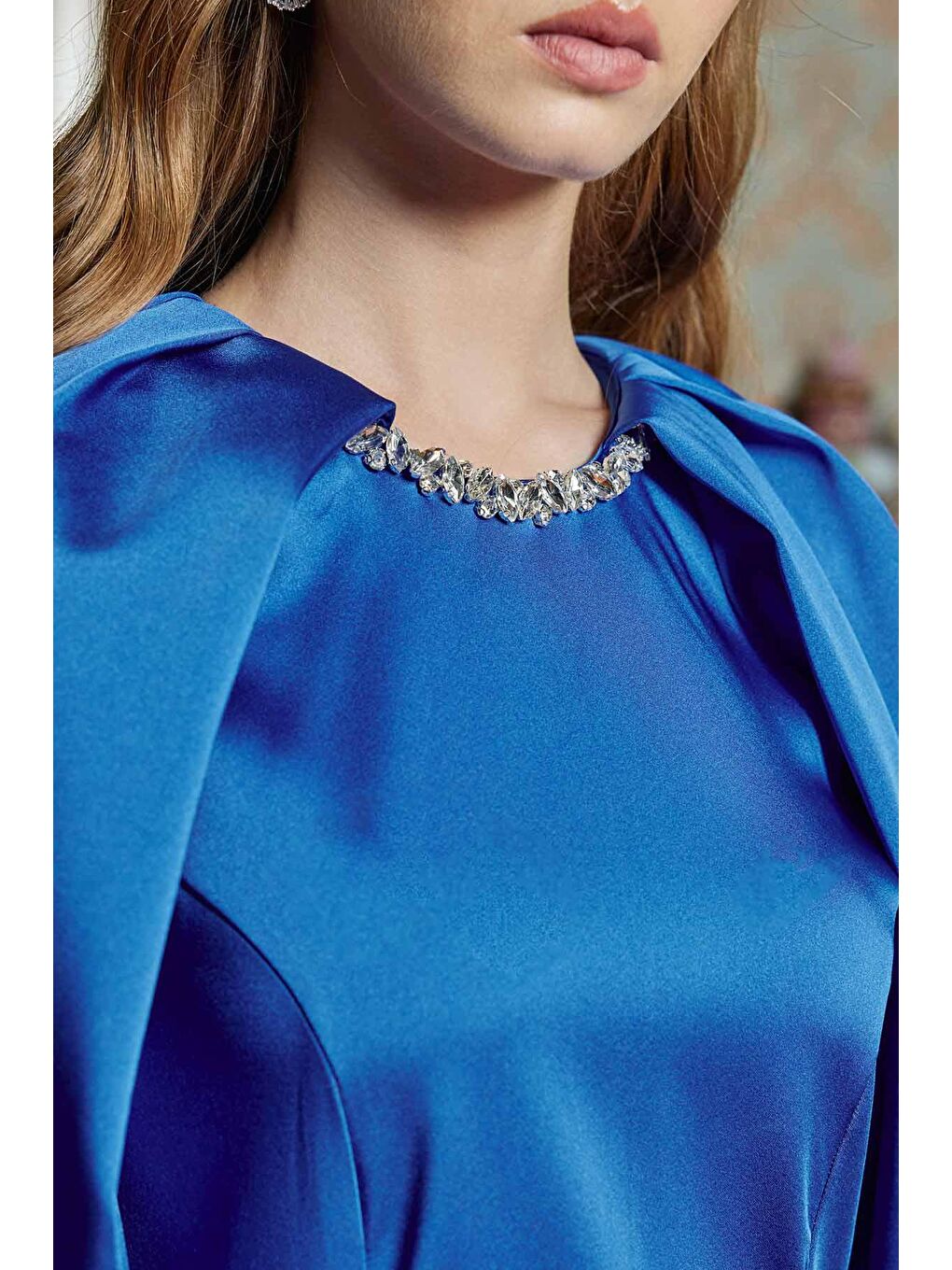 Yakası Taş İşlemeli Elbise - Gece Mavisi-4