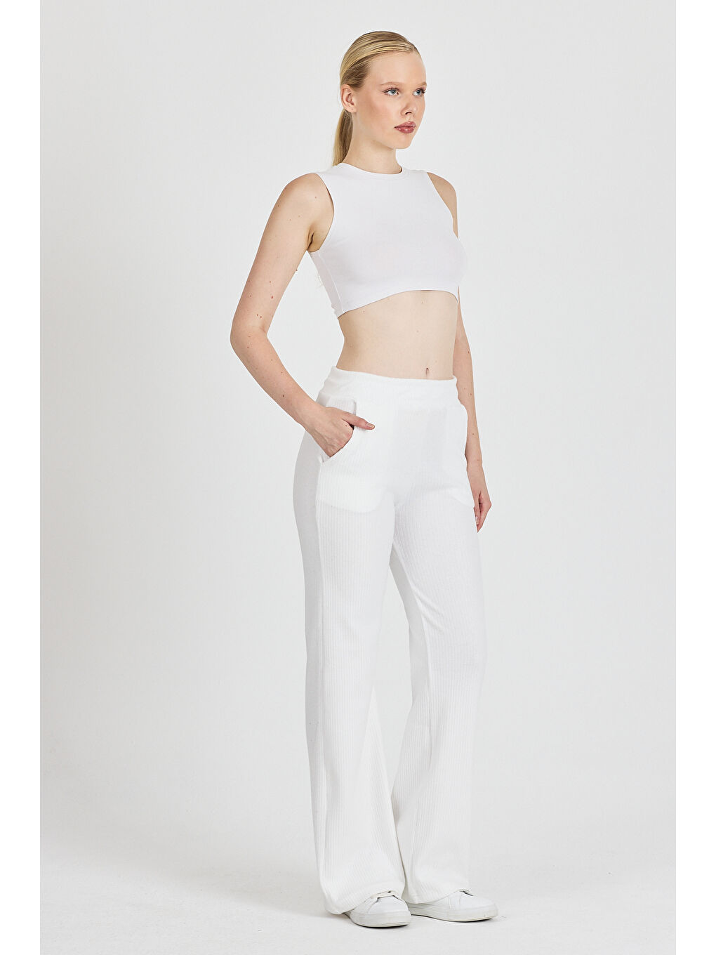 Kadın Ekru Yüksek Bel Bol Paça Kaşkorse Fitilli Cepli Pantolon Eşofman Altı-1