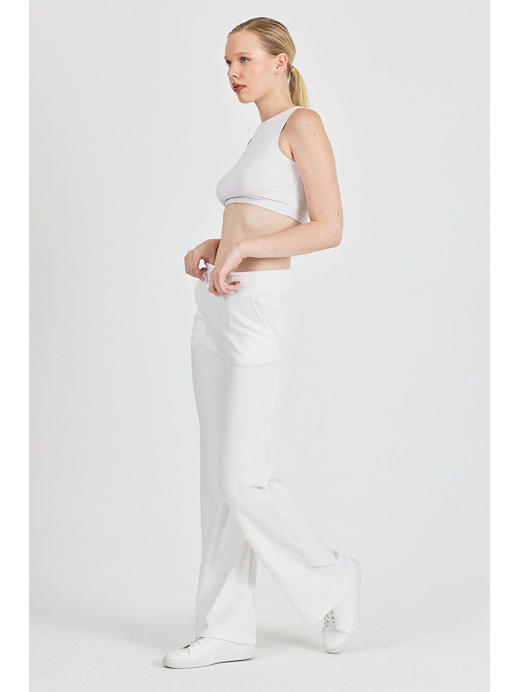 Kadın Ekru Yüksek Bel Bol Paça Kaşkorse Fitilli Cepli Pantolon Eşofman Altı-2