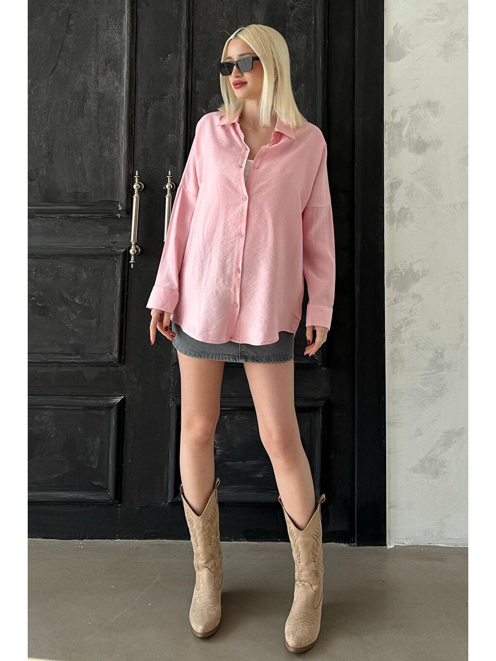 Pembe Uzun Kollu Oversize Gömlek Mg2003-7