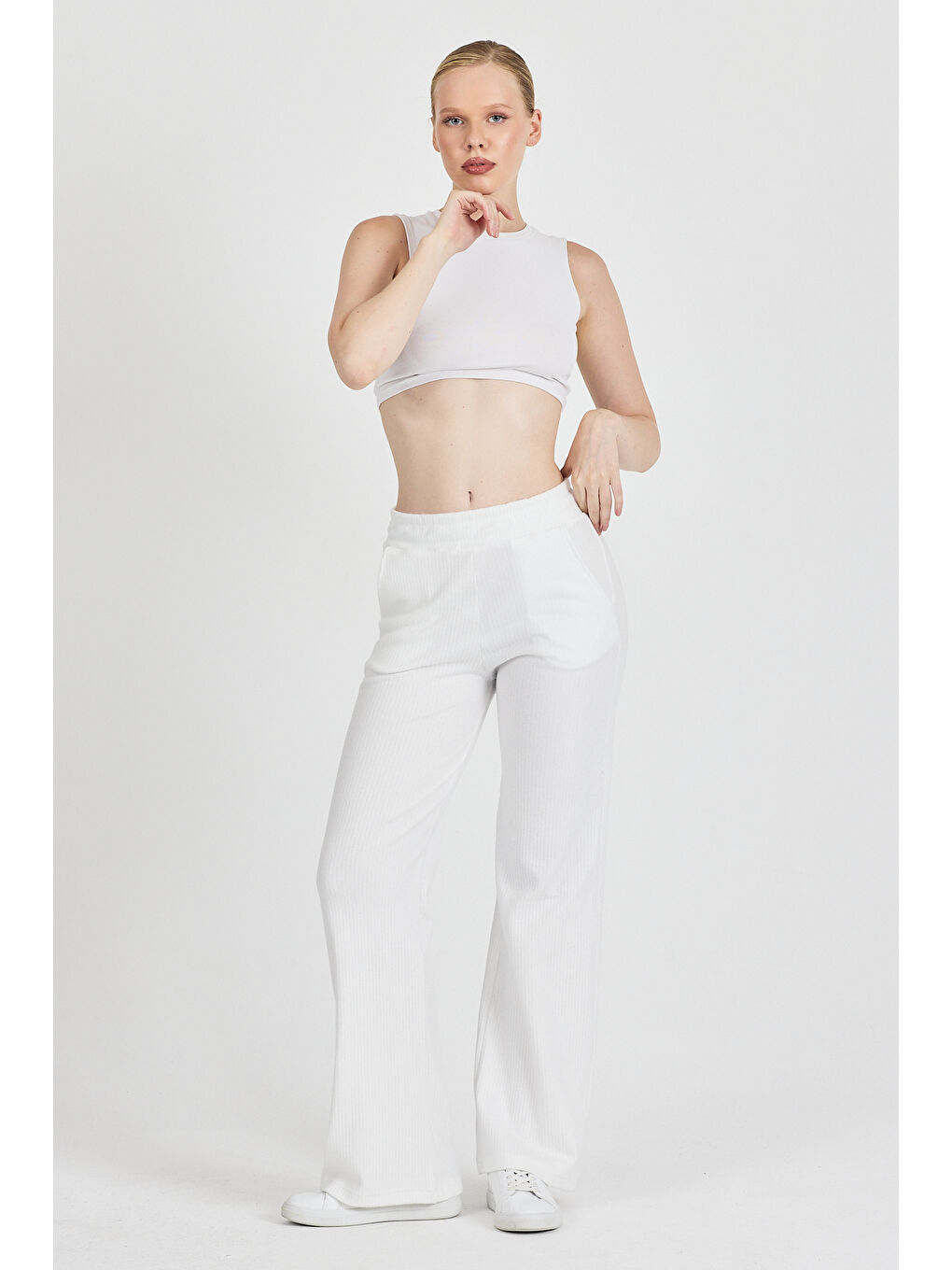 Kadın Ekru Yüksek Bel Bol Paça Kaşkorse Fitilli Cepli Pantolon Eşofman Altı-3