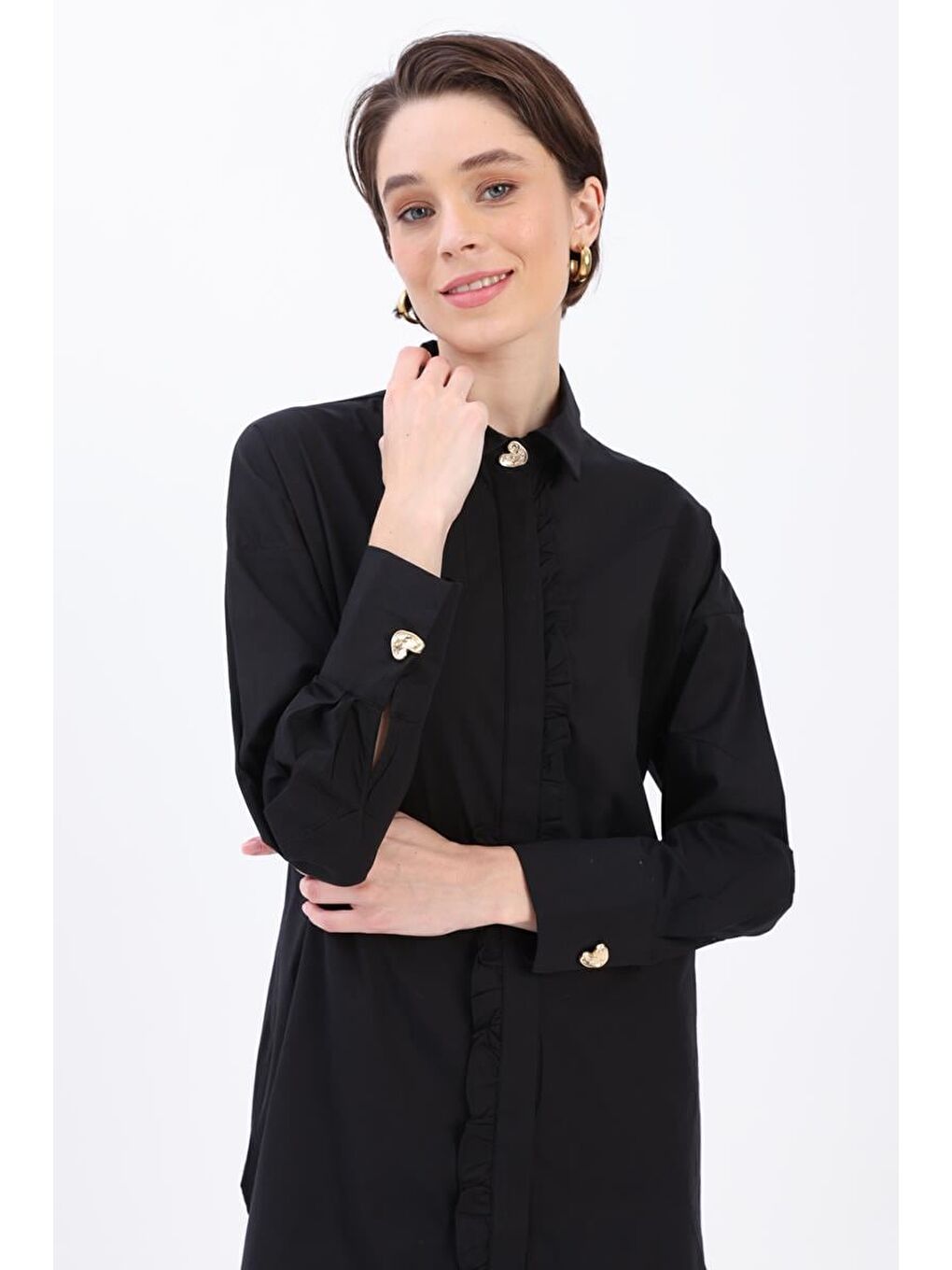 Siyah-Fırfırlı Gömlek Tunik