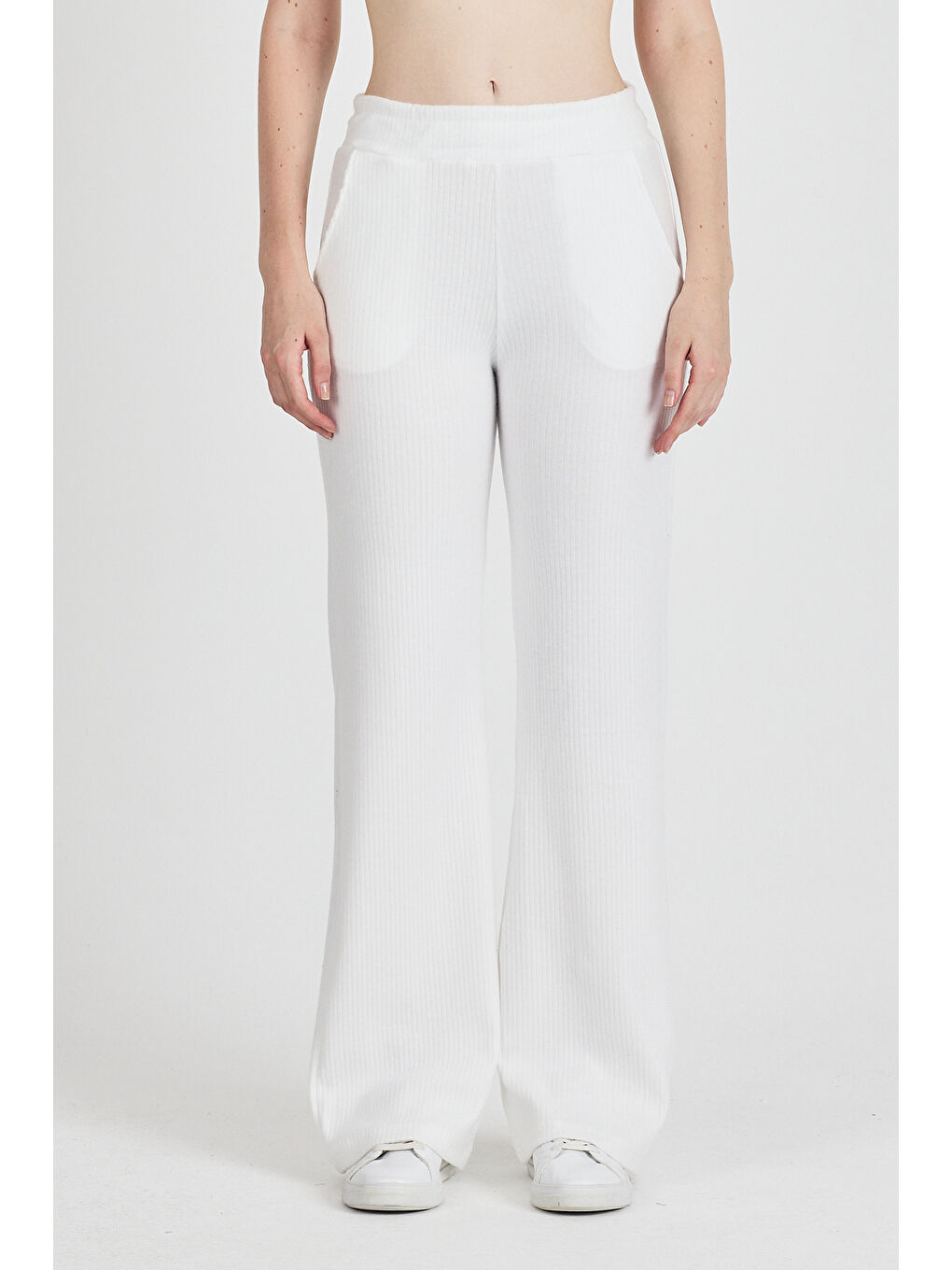 Kadın Ekru Yüksek Bel Bol Paça Kaşkorse Fitilli Cepli Pantolon Eşofman Altı-4