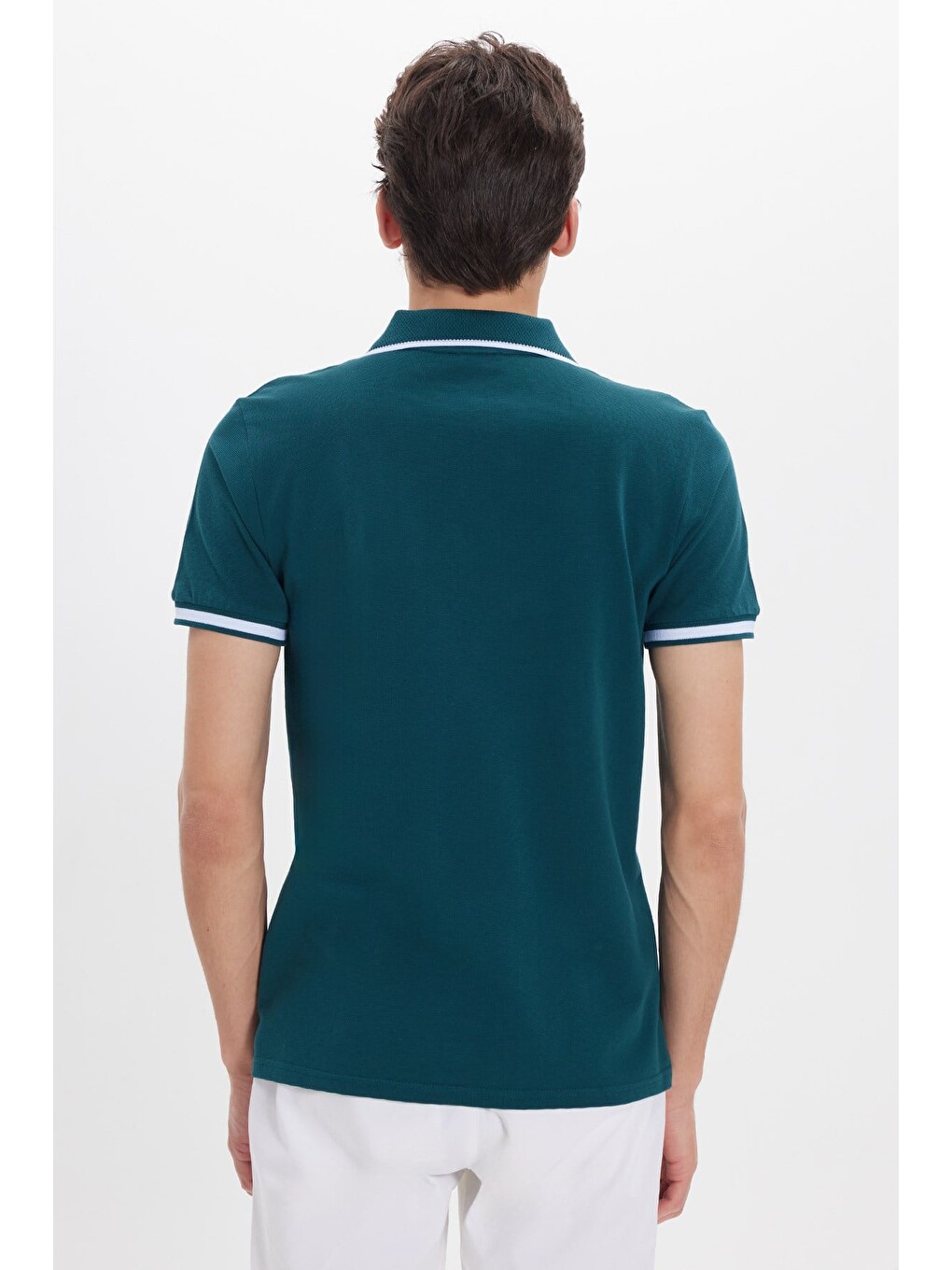Erkek Slim Fit Dar Kesim %100 Pamuk Jakarlı Düz Yaka Ve Kol Detaylı Yeşil Polo Yaka Tişört-5