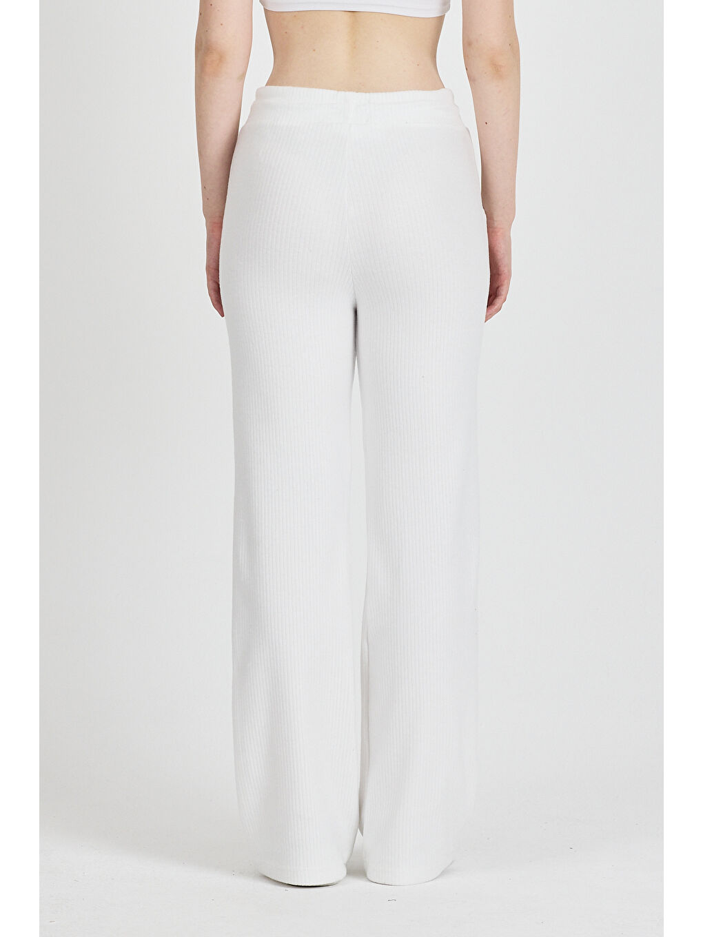 Kadın Ekru Yüksek Bel Bol Paça Kaşkorse Fitilli Cepli Pantolon Eşofman Altı-6