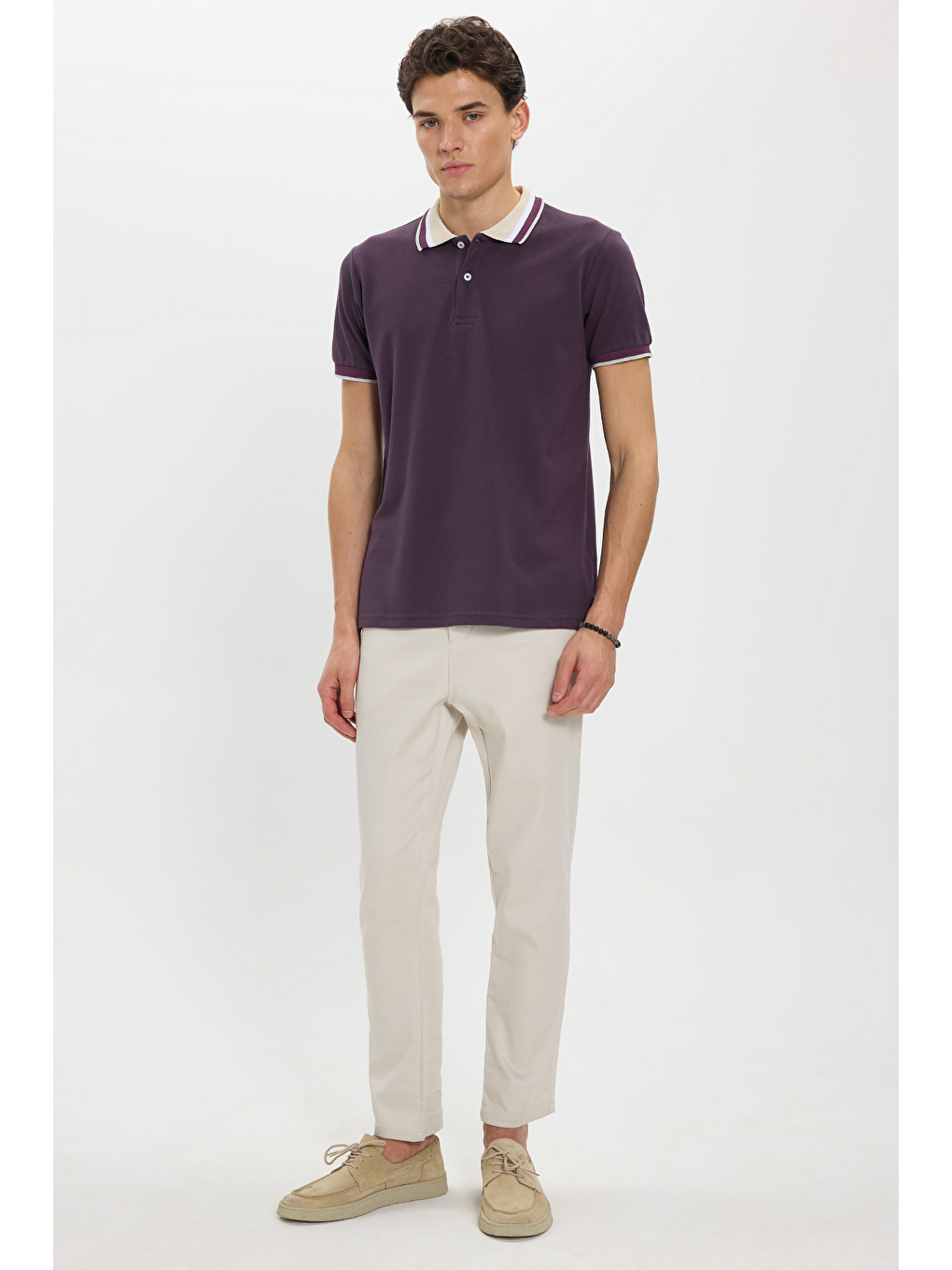 Siyah Erkek Slim Fit Dar Kesim %100 Pamuk Eflatun Polo Yaka Tişört-1