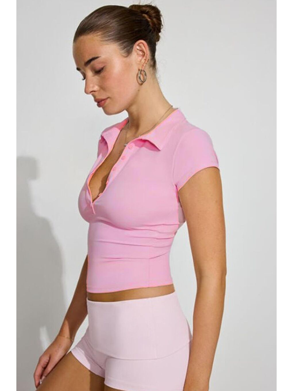 Pembe Polo Yaka Basic Kadın Tişört Mg2455-2
