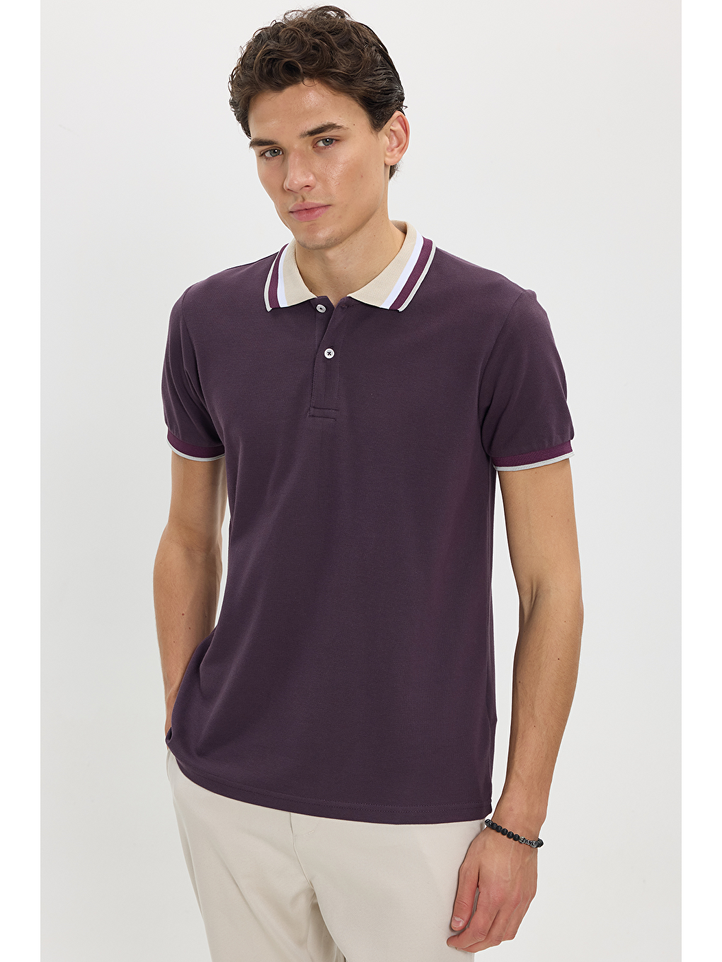 Siyah Erkek Slim Fit Dar Kesim %100 Pamuk Eflatun Polo Yaka Tişört-6