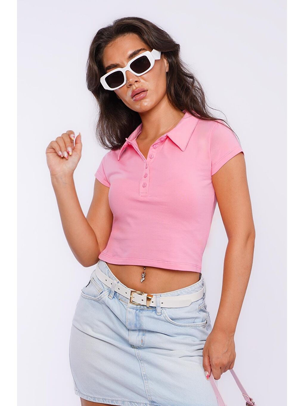Pembe Polo Yaka Basic Kadın Tişört Mg2455-3