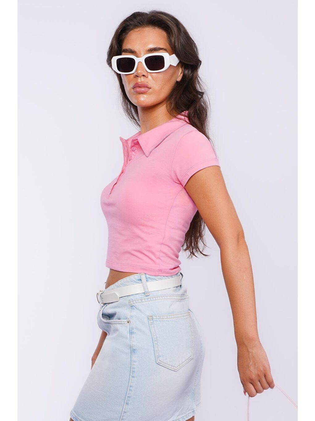 Pembe Polo Yaka Basic Kadın Tişört Mg2455-5
