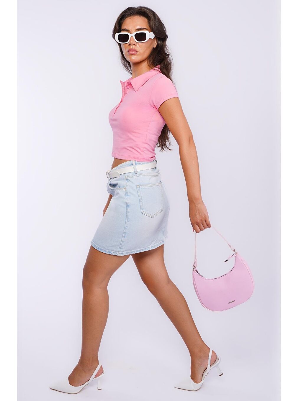 Pembe Polo Yaka Basic Kadın Tişört Mg2455-6