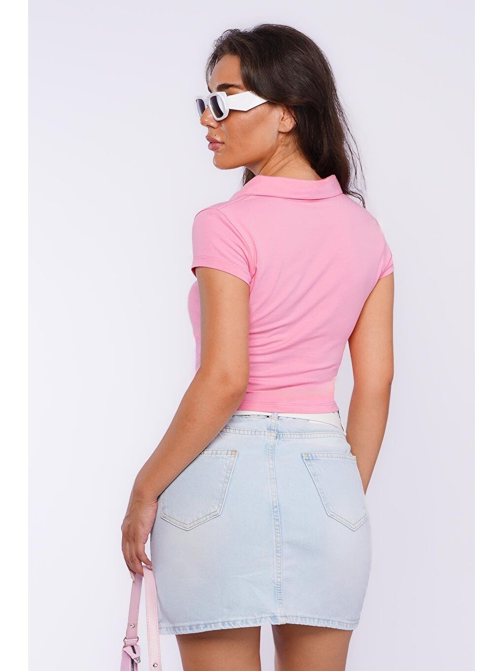 Pembe Polo Yaka Basic Kadın Tişört Mg2455-7