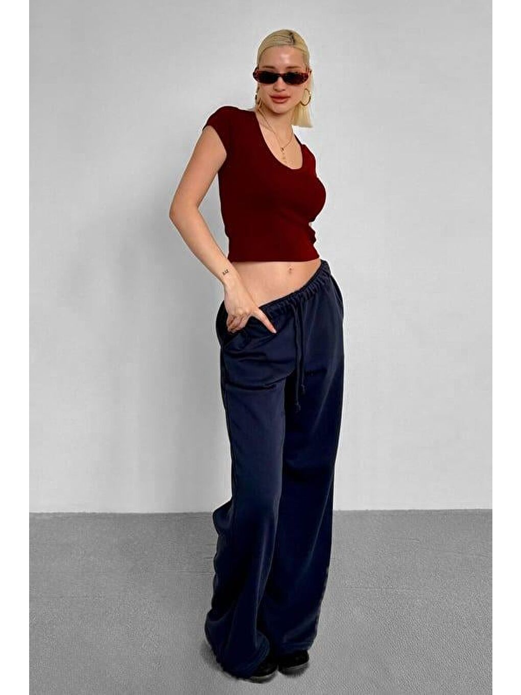 Bordo V Yaka Basic Kadın Tişört Mg2450-1