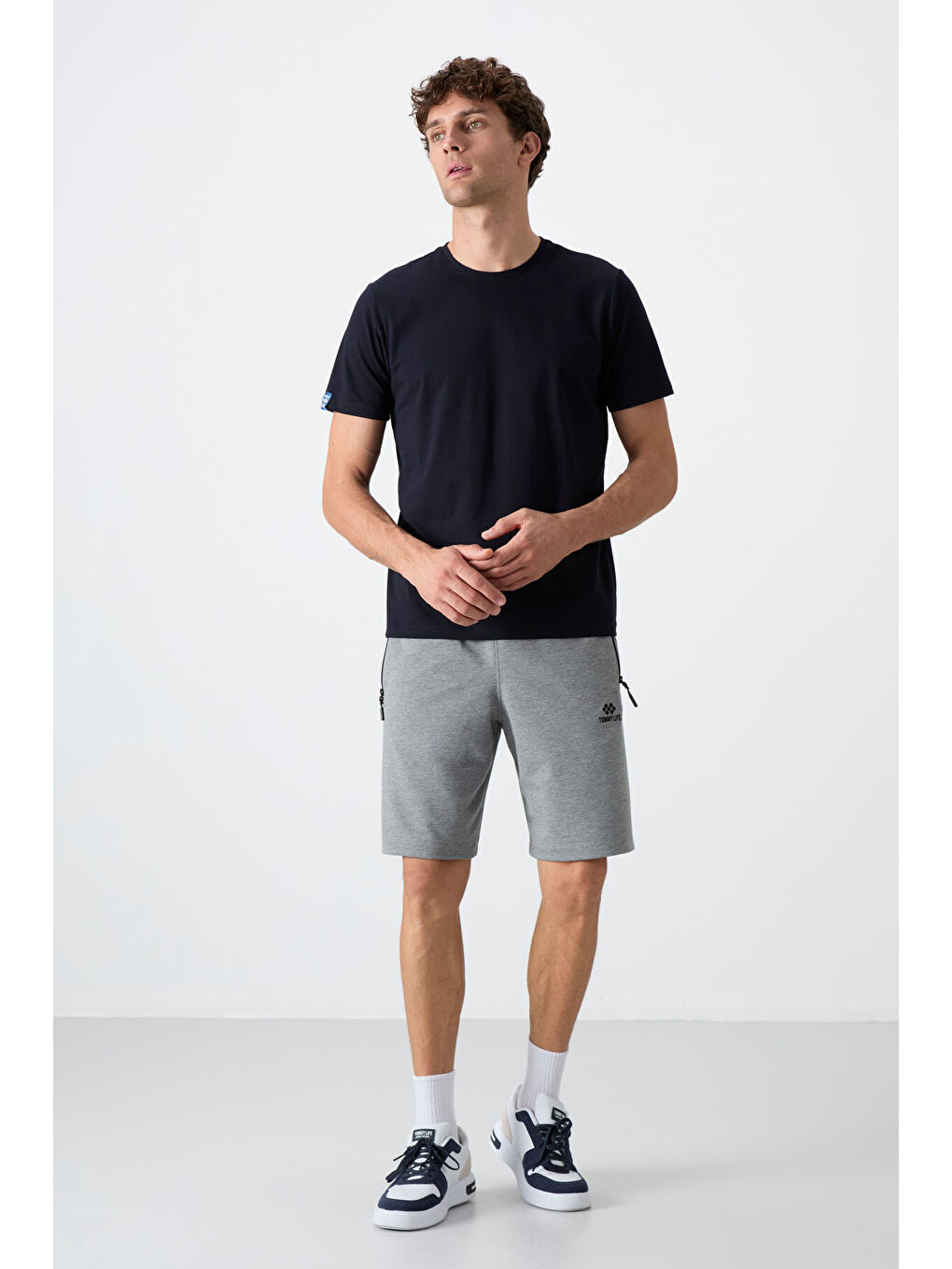 Gri Melanj Gizli Fermuar Arka Cepli Bağcıklı Standart Kalıp Erkek Şort - 81136-1