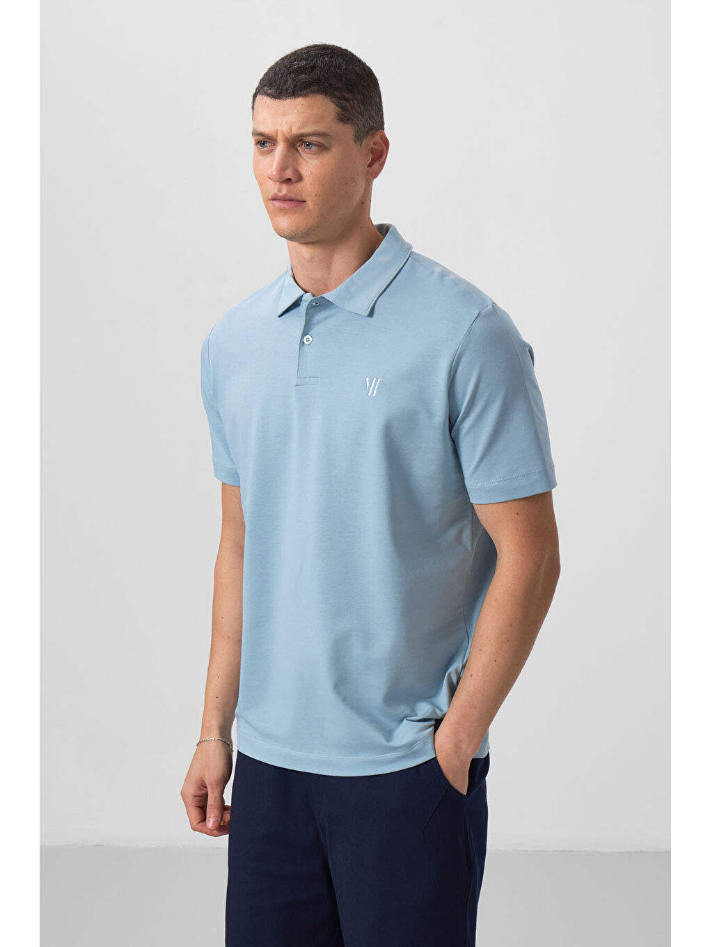 Buz Mavi Basic Göğüs Logolu Standart Kalıp Triko Polo Yaka Erkek Tişört - 87768-4