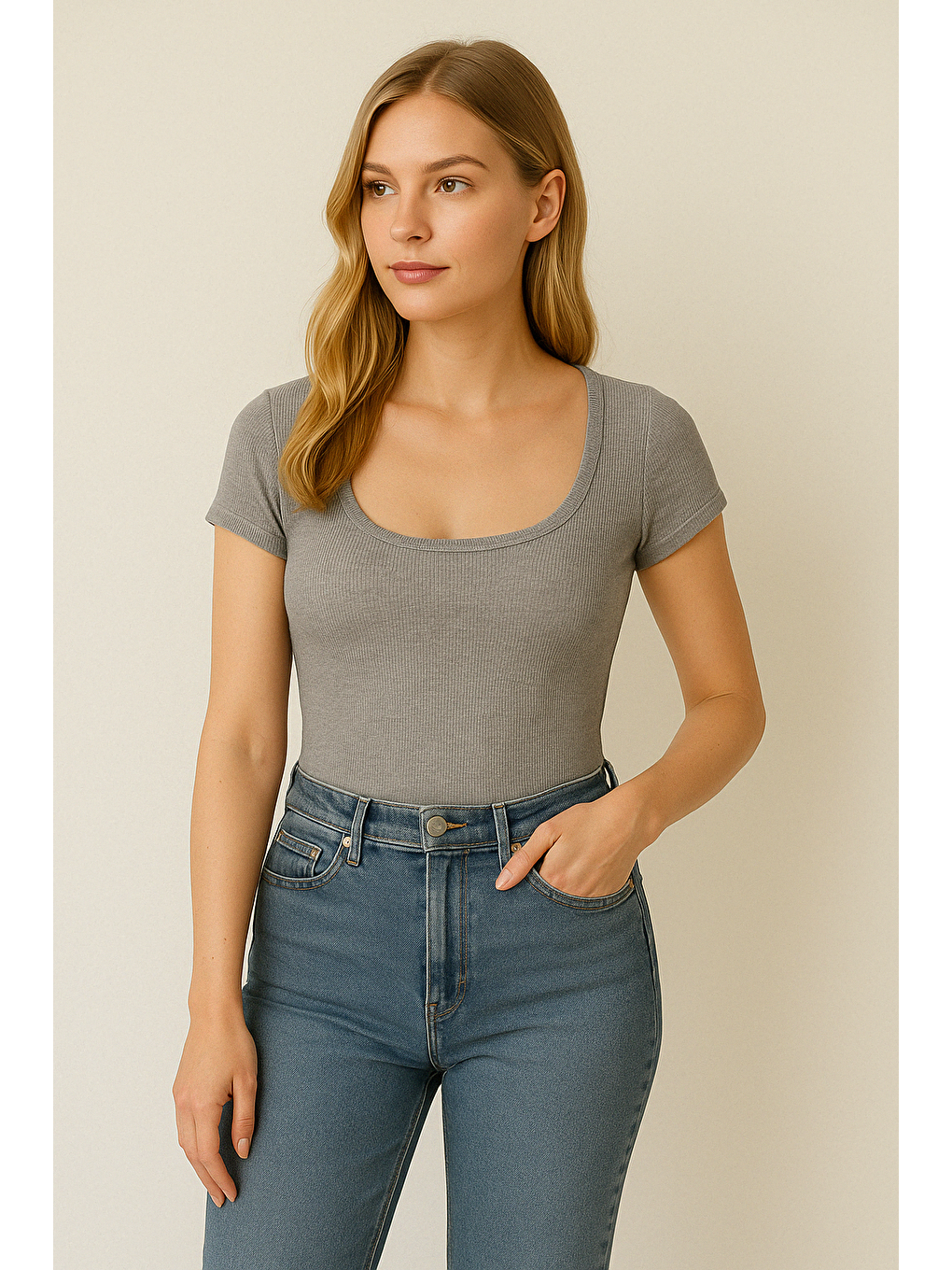 Gri Geniş Yaka Kadın Tişört Mg2341-4