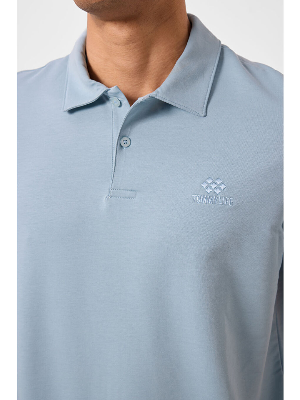 Buz Mavi Basic Logolu Standart Kalıp Triko Polo Yaka Erkek Tişört - 87748-3