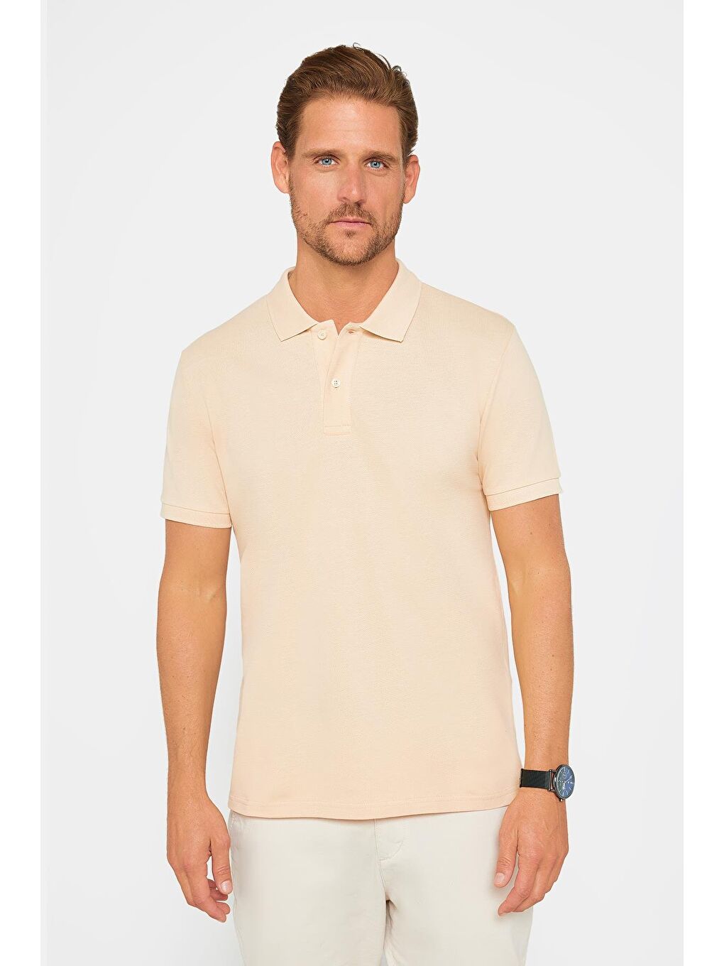 TUDORS Ekru Erkek Slim Fit Dar Kesim %100 Pamuk Düz Pike Krem Polo Yaka Tişört - 1