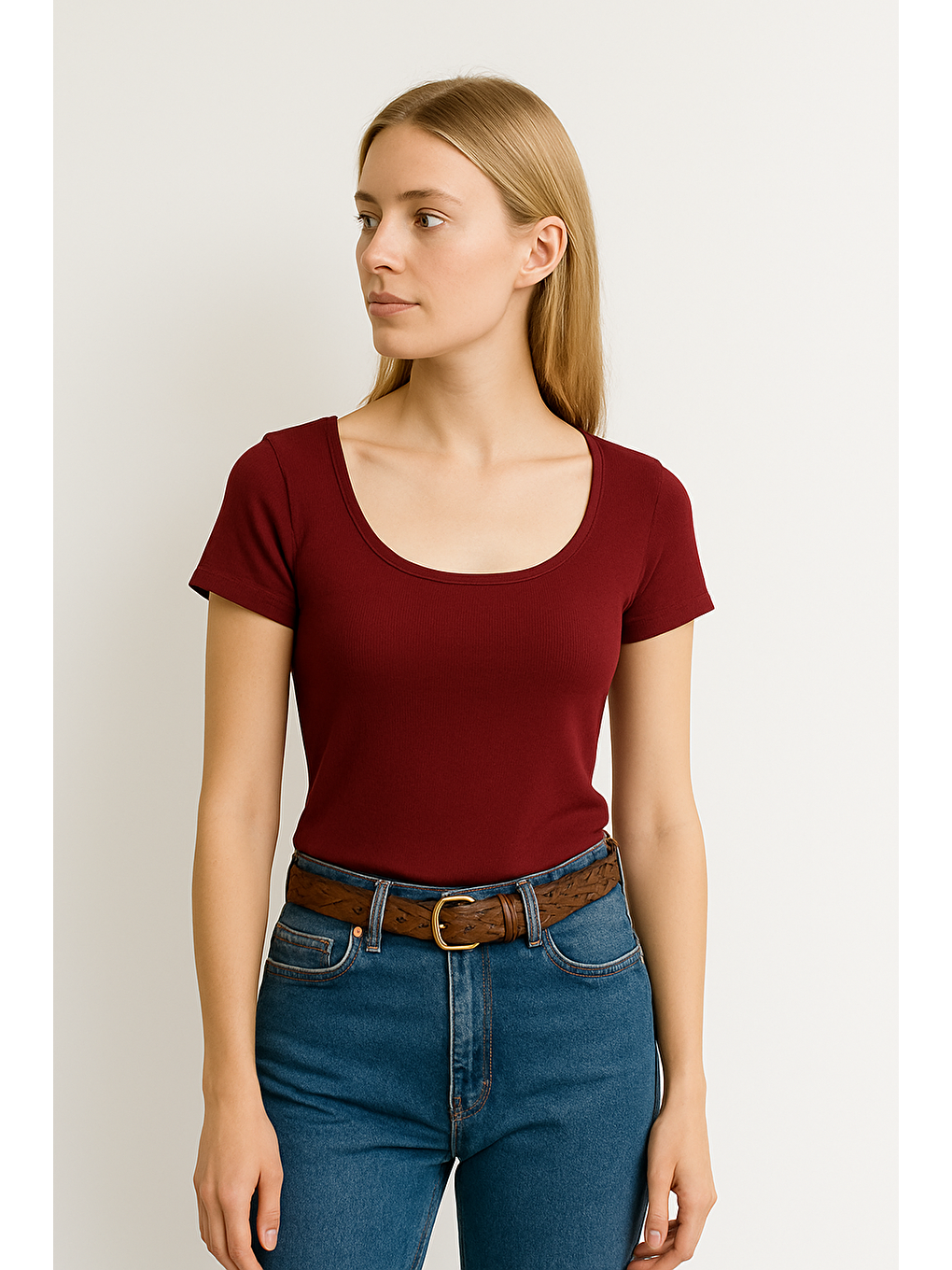 Bordo Geniş Yaka Kadın Tişört Mg2341-2