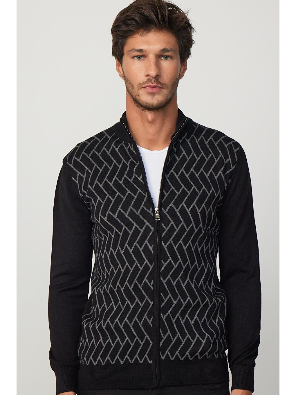 Karışık Erkek Slim Fit Dar Kesim Yarım Balıkçı Yaka Fermuarlı Önü Desenli Hırka-2