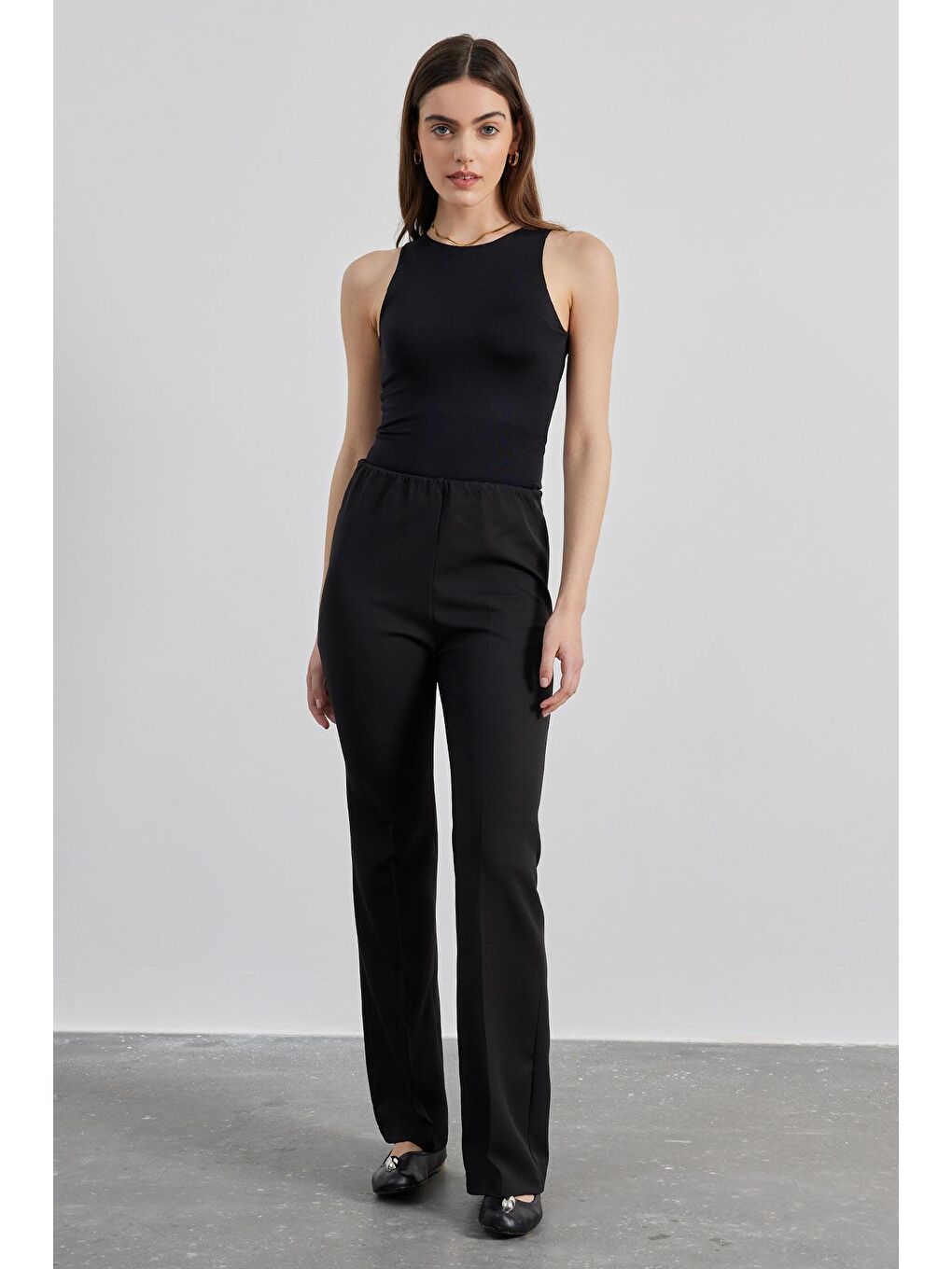 Beli Lastikli Krep Pantolon - Siyah-3