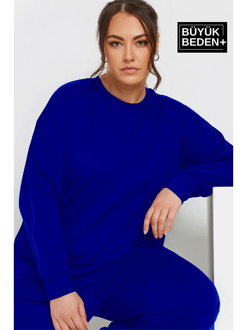 Mavi Kadın Büyük Beden Bisiklet Yaka İnce Sweatshirt SPR24BSWK56-1