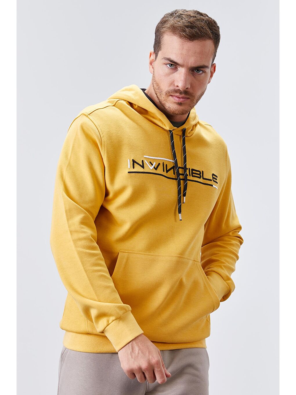 Sarı Hardal Kanguru Cep Standart Kalıp Kapüşonlu  Erkek Hoodie - 87883