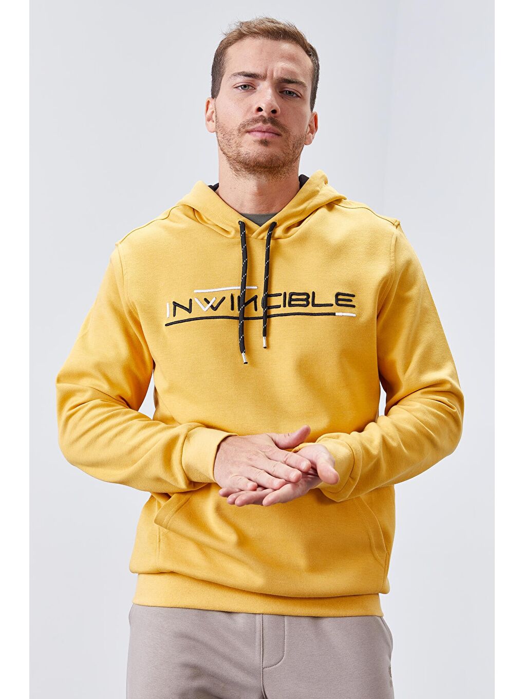 Sarı Hardal Kanguru Cep Standart Kalıp Kapüşonlu  Erkek Hoodie - 87883-2
