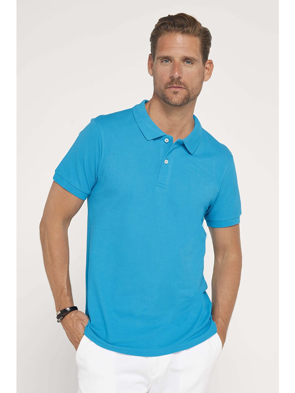 Erkek Slim Fit Dar Kesim %100 Pamuk Düz Pike Mavi Polo Yaka Tişört