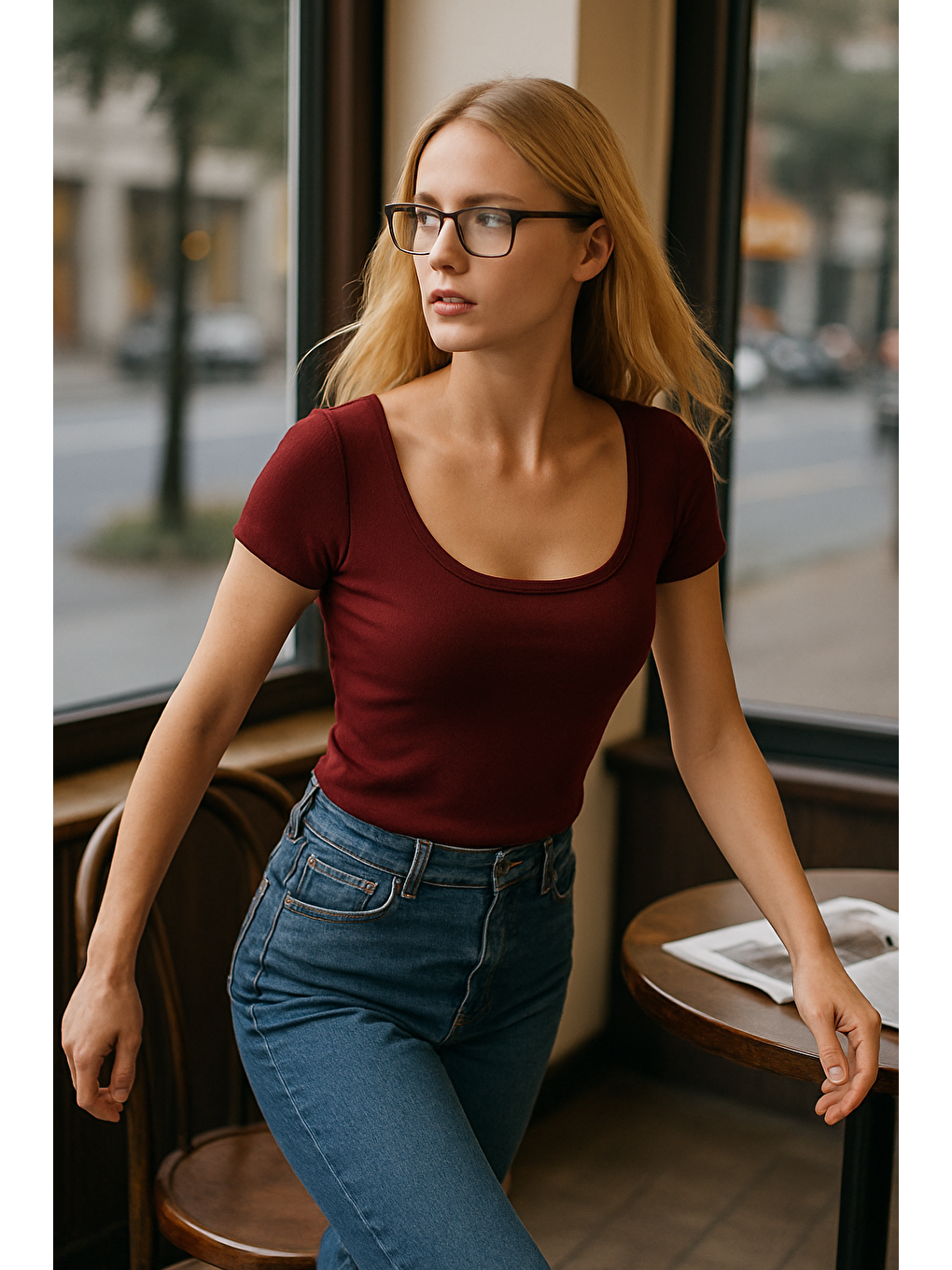 Bordo Geniş Yaka Kadın Tişört Mg2341-4