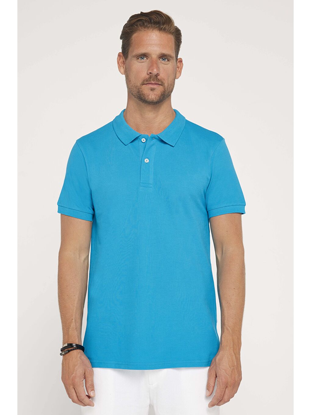 Erkek Slim Fit Dar Kesim %100 Pamuk Düz Pike Mavi Polo Yaka Tişört-1