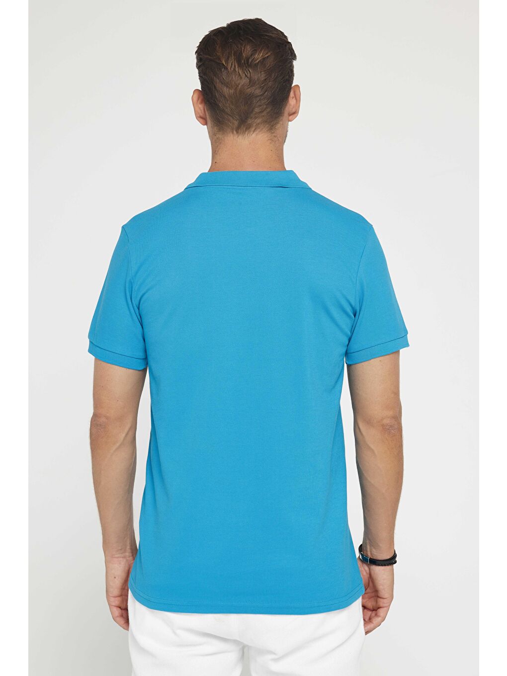 Erkek Slim Fit Dar Kesim %100 Pamuk Düz Pike Mavi Polo Yaka Tişört-4