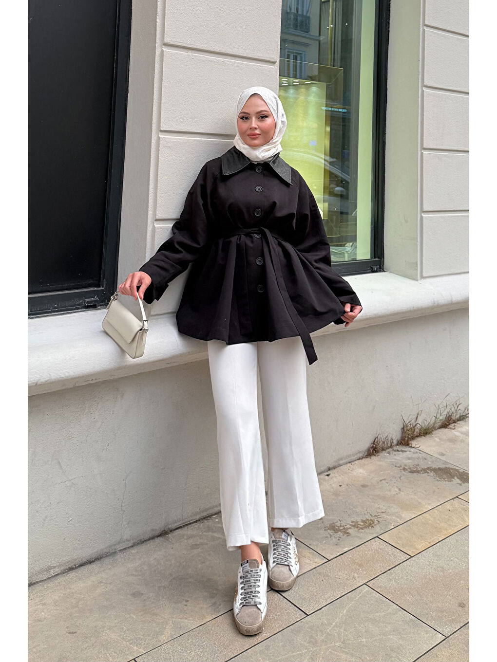 Kadın Yakası Deri Trenç Siyah-2