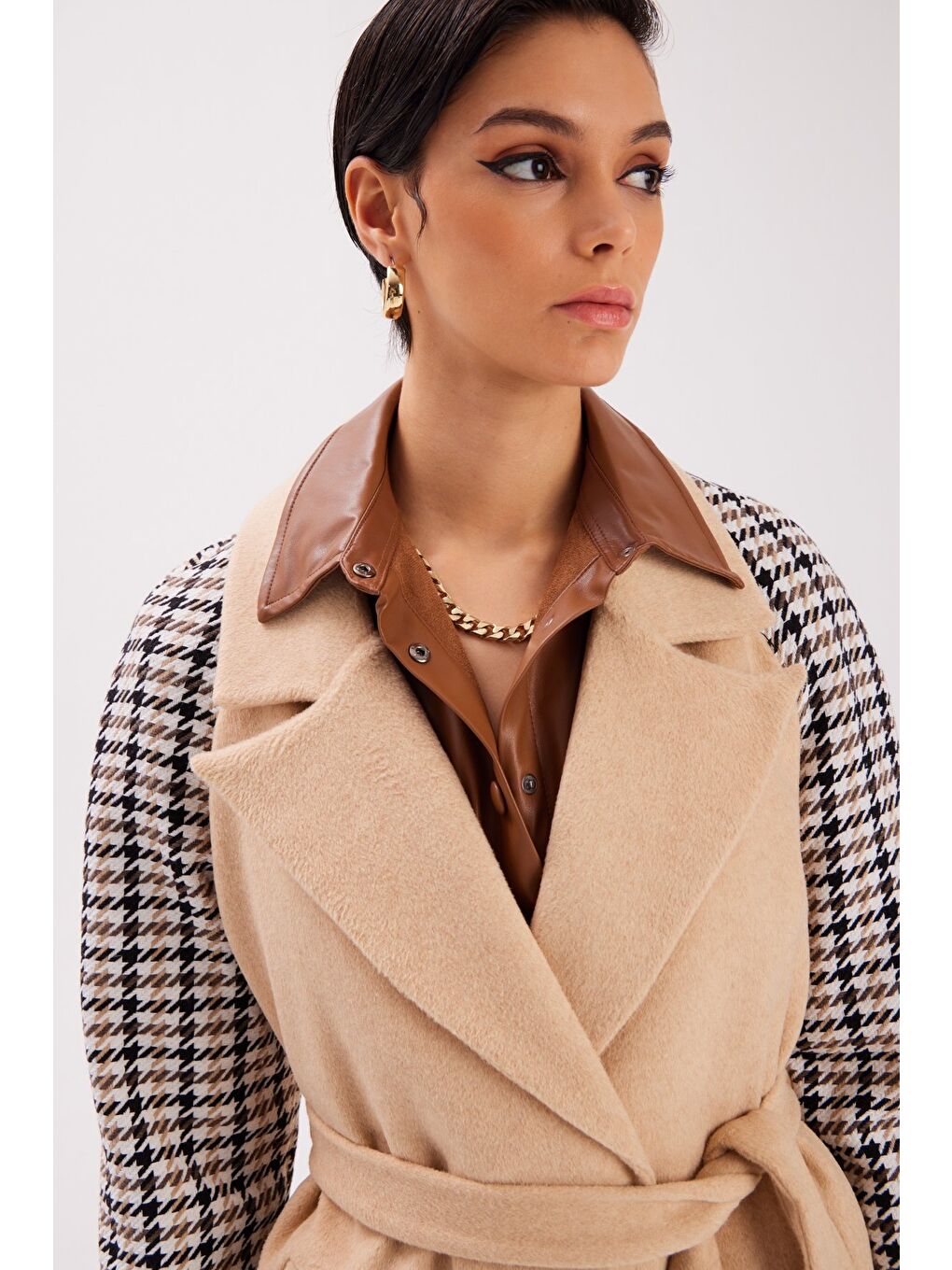 SATEEN Kazayağı Kuşaklı Kaban - Bej - 3