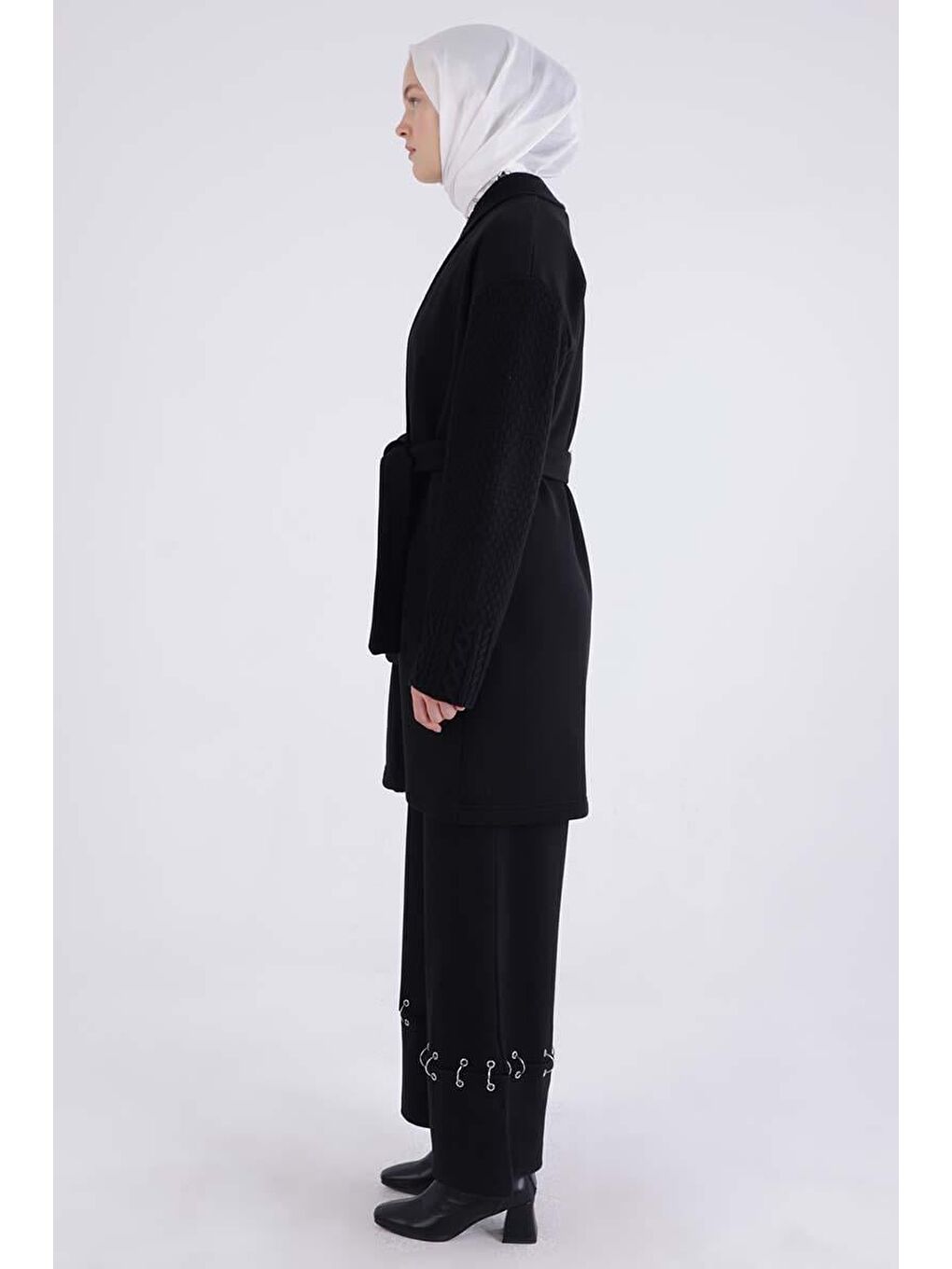 Siyah Triko Garnili Kuşaklı Rahat Hırka-2
