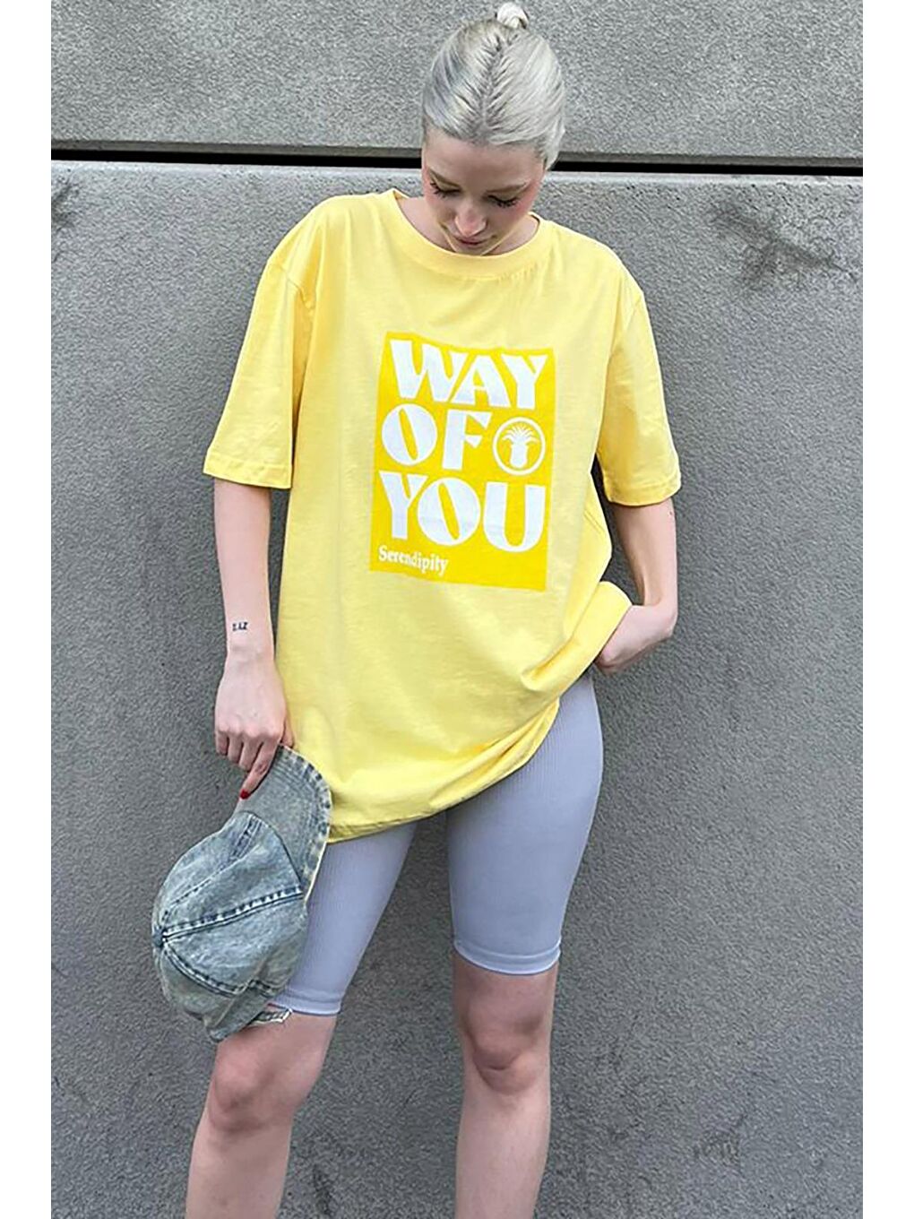 Sarı Baskılı Bisiklet Yaka Overfit Tişört