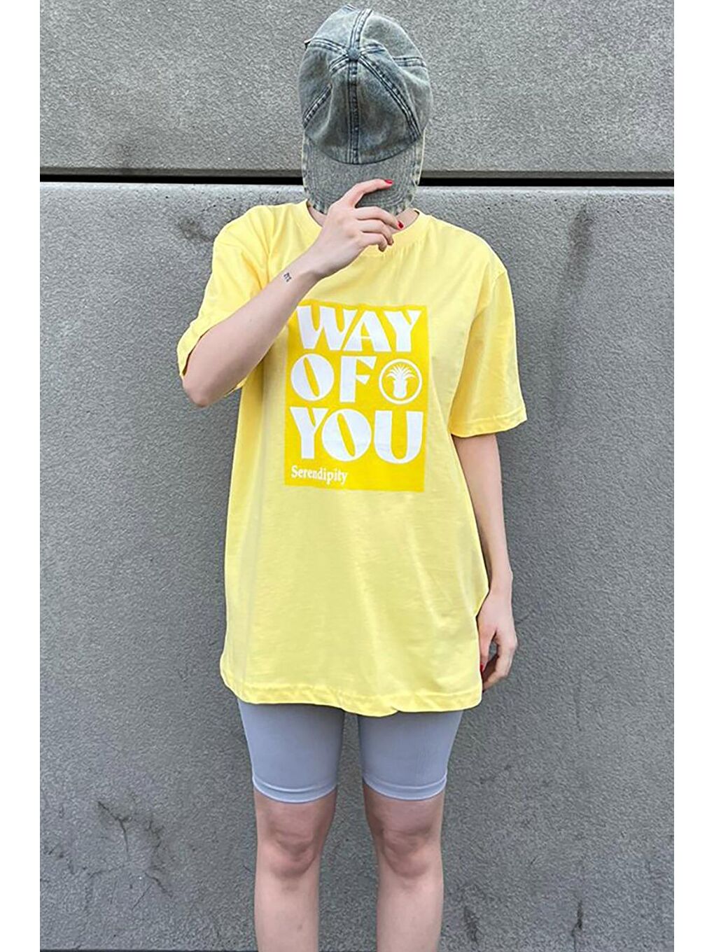 Sarı Baskılı Bisiklet Yaka Overfit Tişört-1