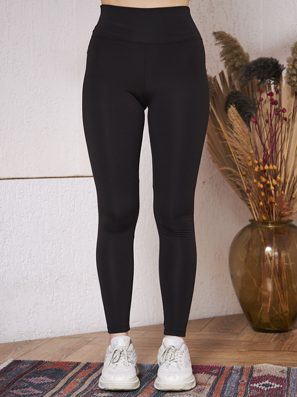 Siyah Yüksek bel İçi Şardonlu Dalgıç Esnek Tayt-1