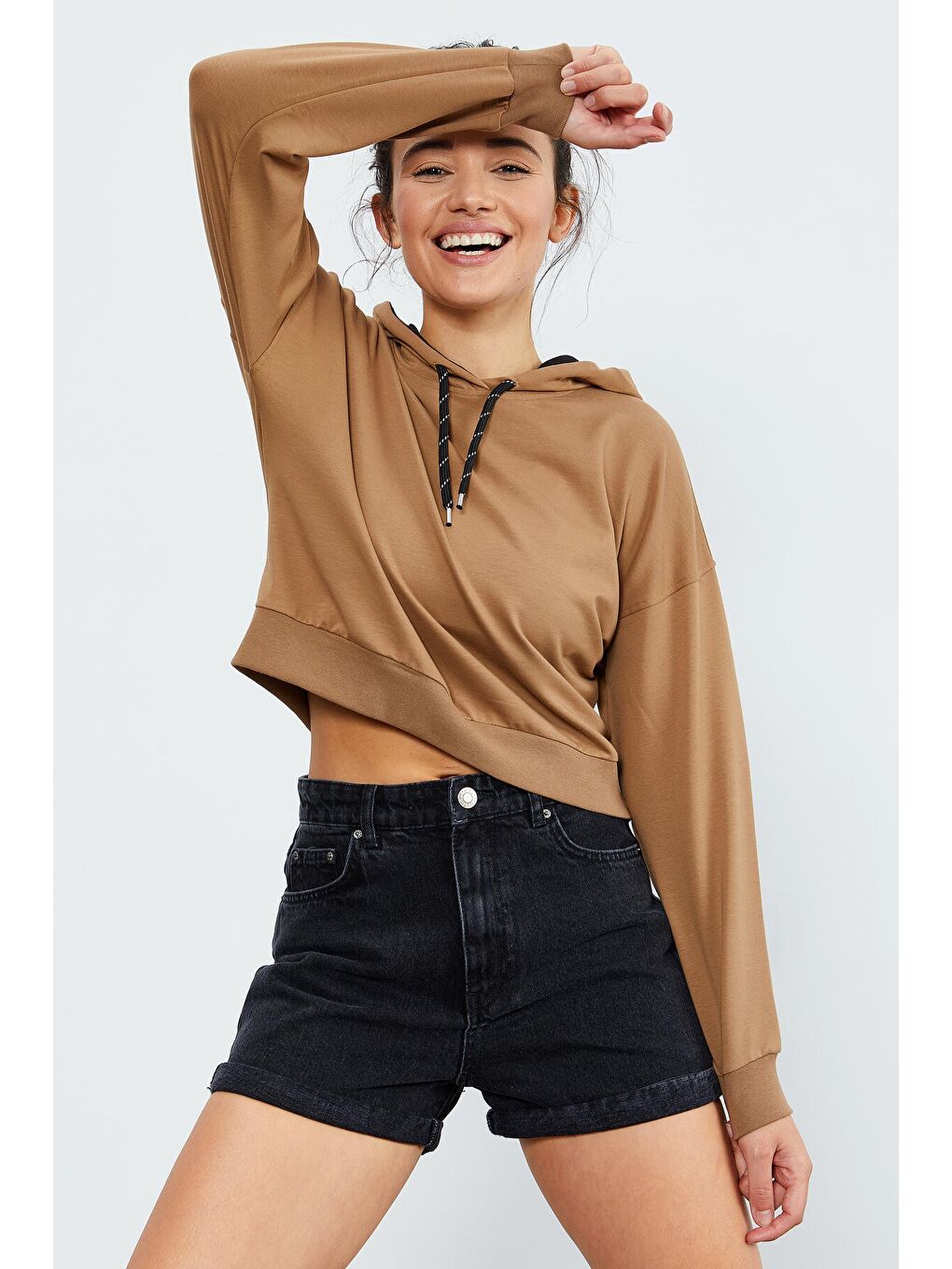 Kahverengi Toprak Uzun Kol Rahat Form Kapüşonlu Kadın Sweatshirt - 97115-4