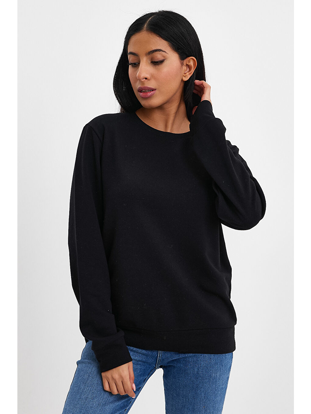 Süperlife Siyah Kadın Bisiklet Yaka Rahat Kalıp 3 iplik Kalın Sweatshirt SPR24SWK-36 - 2