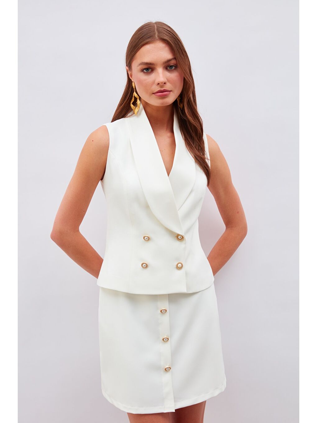 Düğme Detaylı Mini Etek - Ekru-1