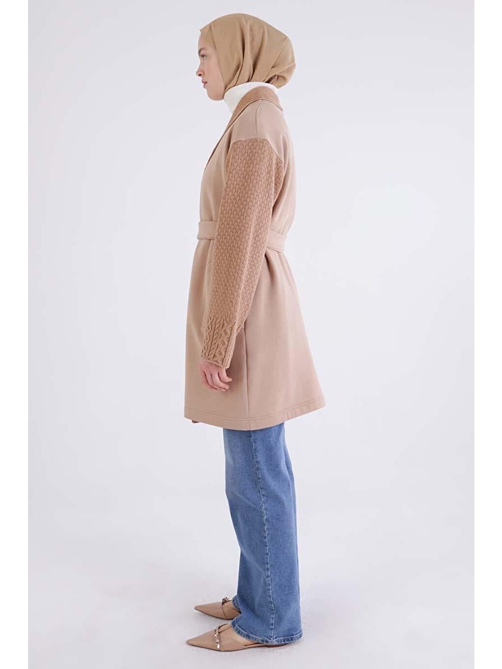 Bej Triko Garnili Kuşaklı Rahat Hırka-2