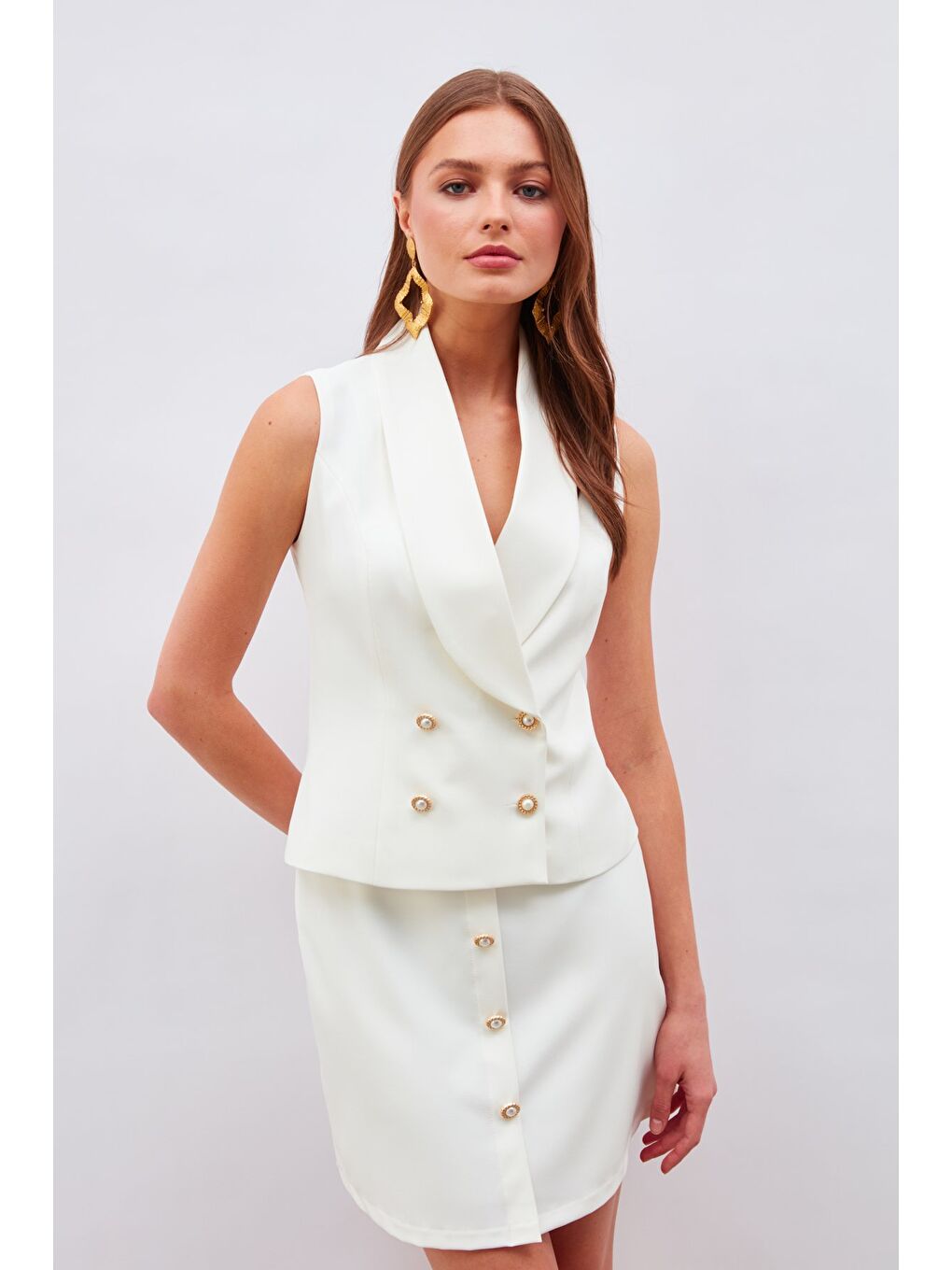 Düğme Detaylı Mini Etek - Ekru-4