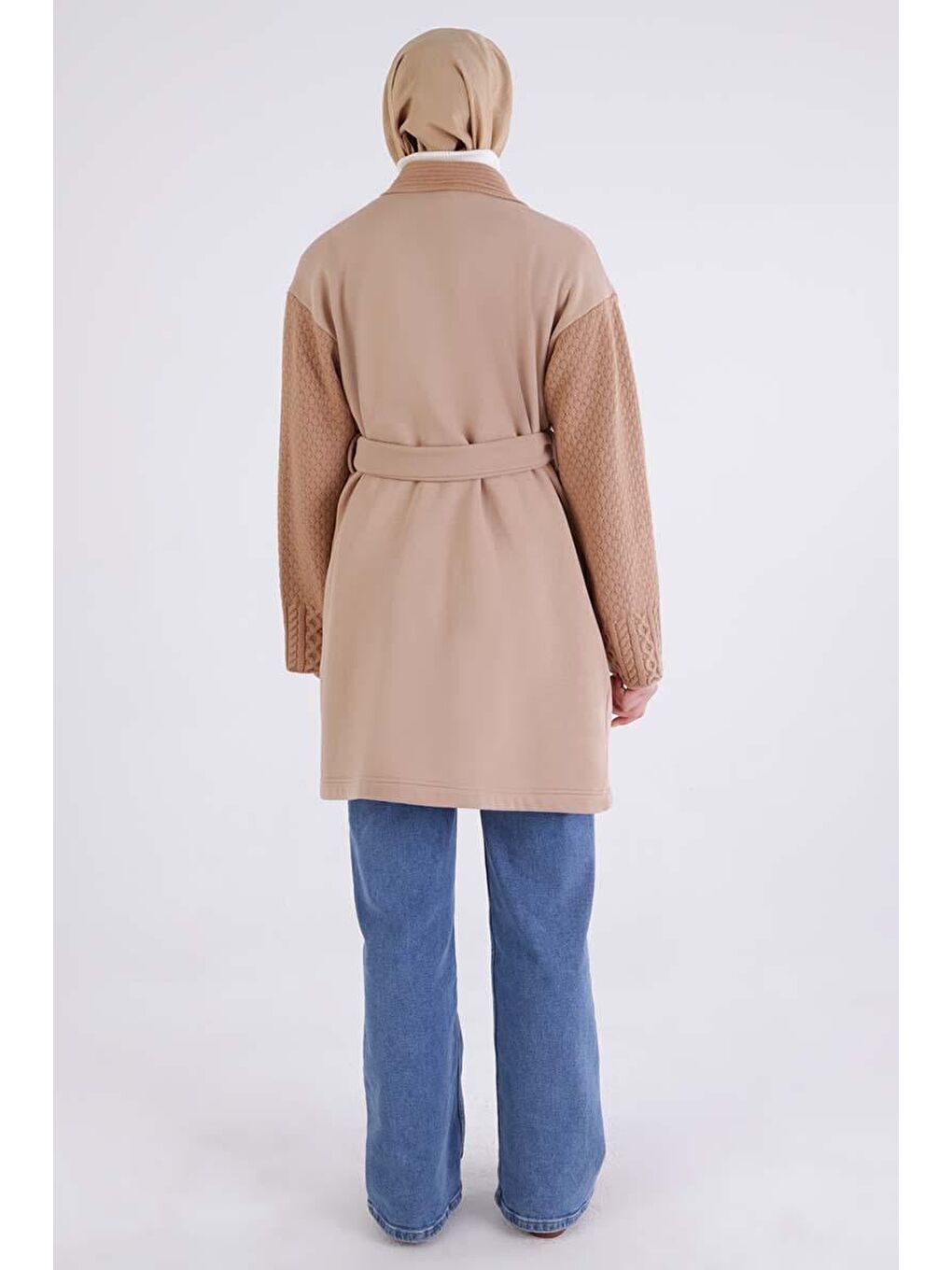 Bej Triko Garnili Kuşaklı Rahat Hırka-3