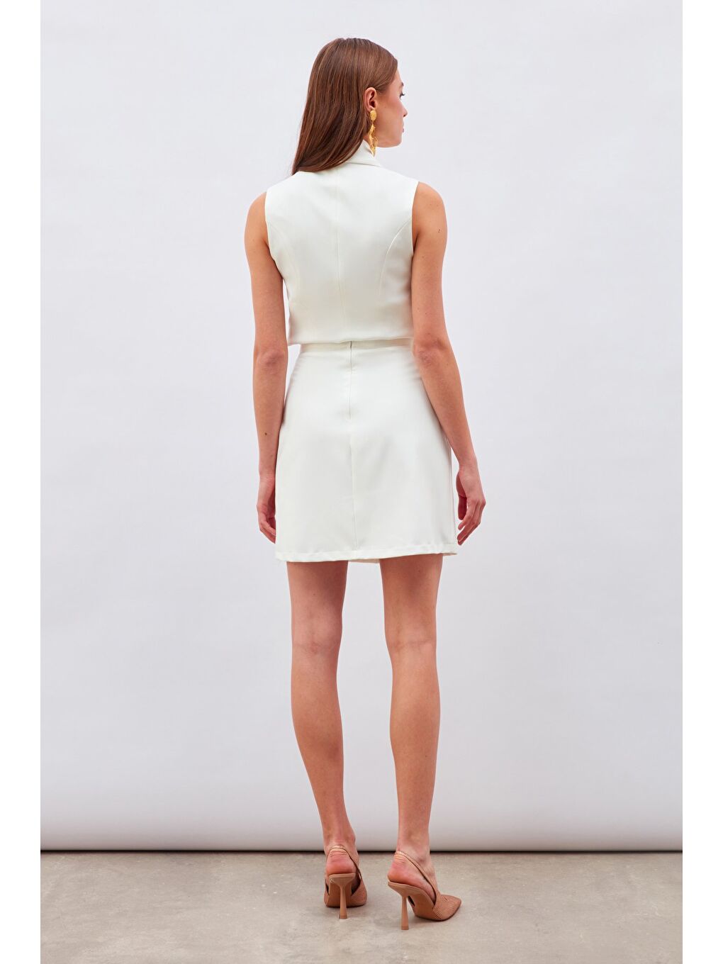 Düğme Detaylı Mini Etek - Ekru-6