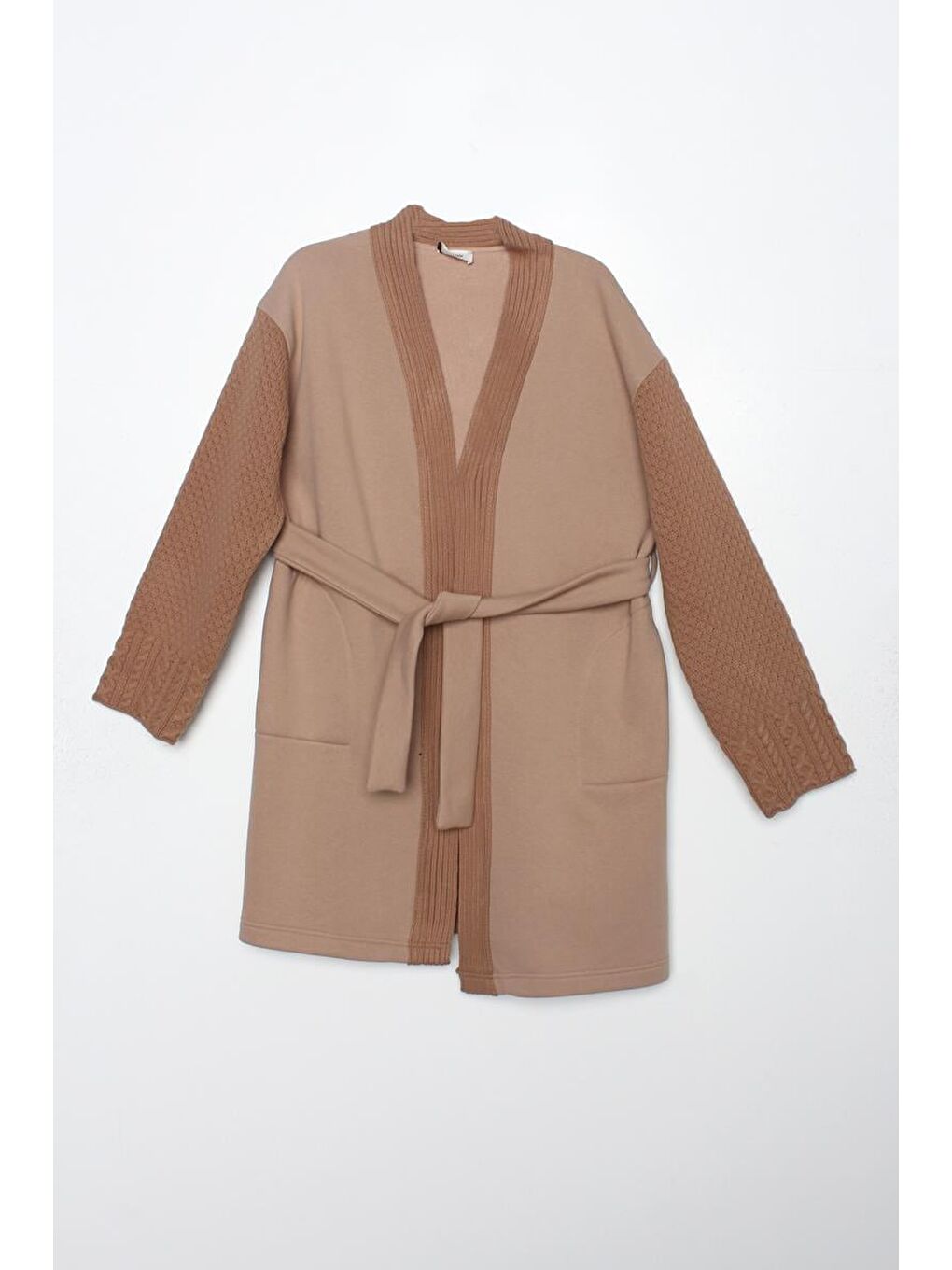 Bej Triko Garnili Kuşaklı Rahat Hırka-5