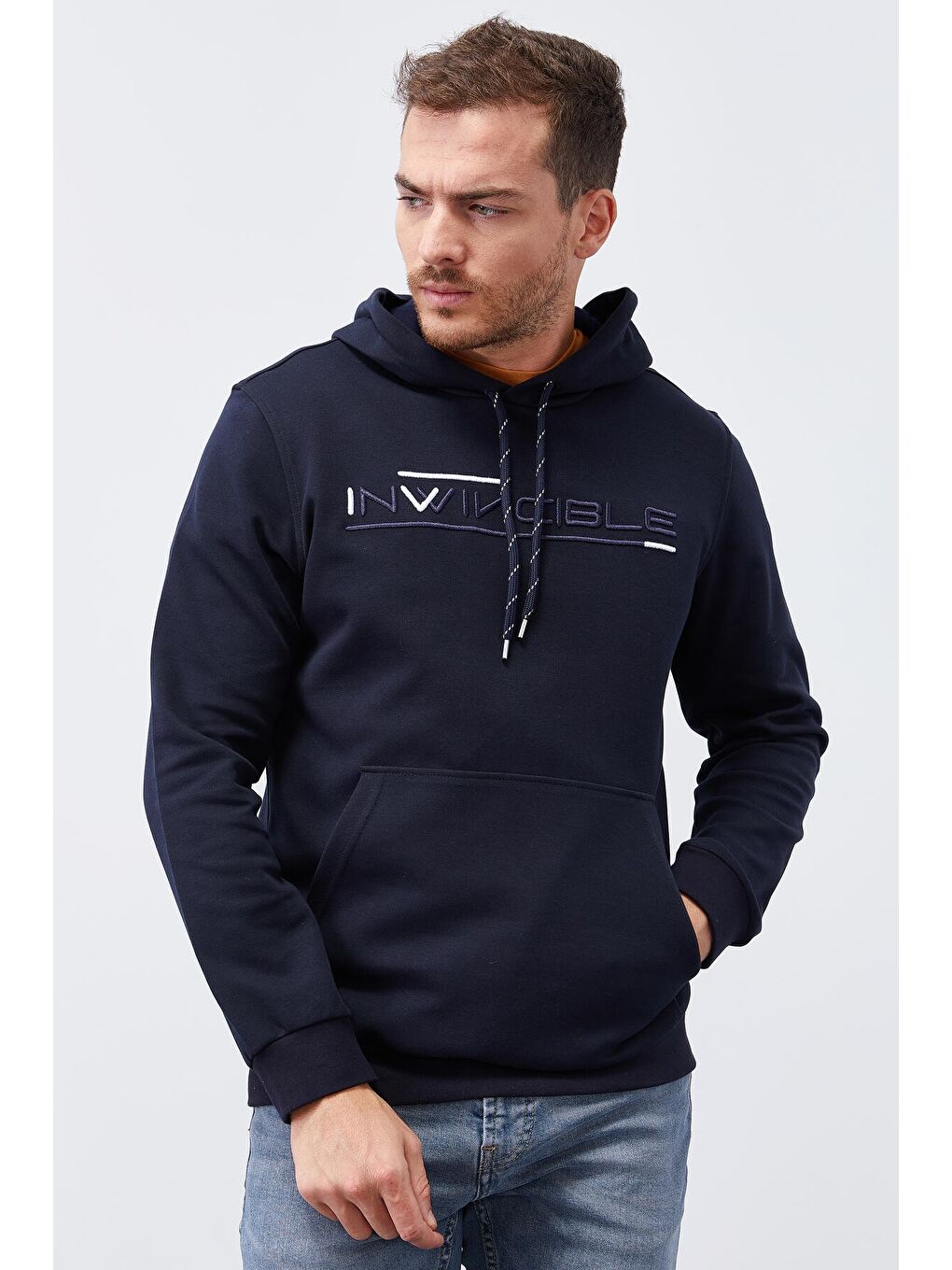 Lacivert Kanguru Cep Standart Kalıp Kapüşonlu  Erkek Hoodie - 87883-4